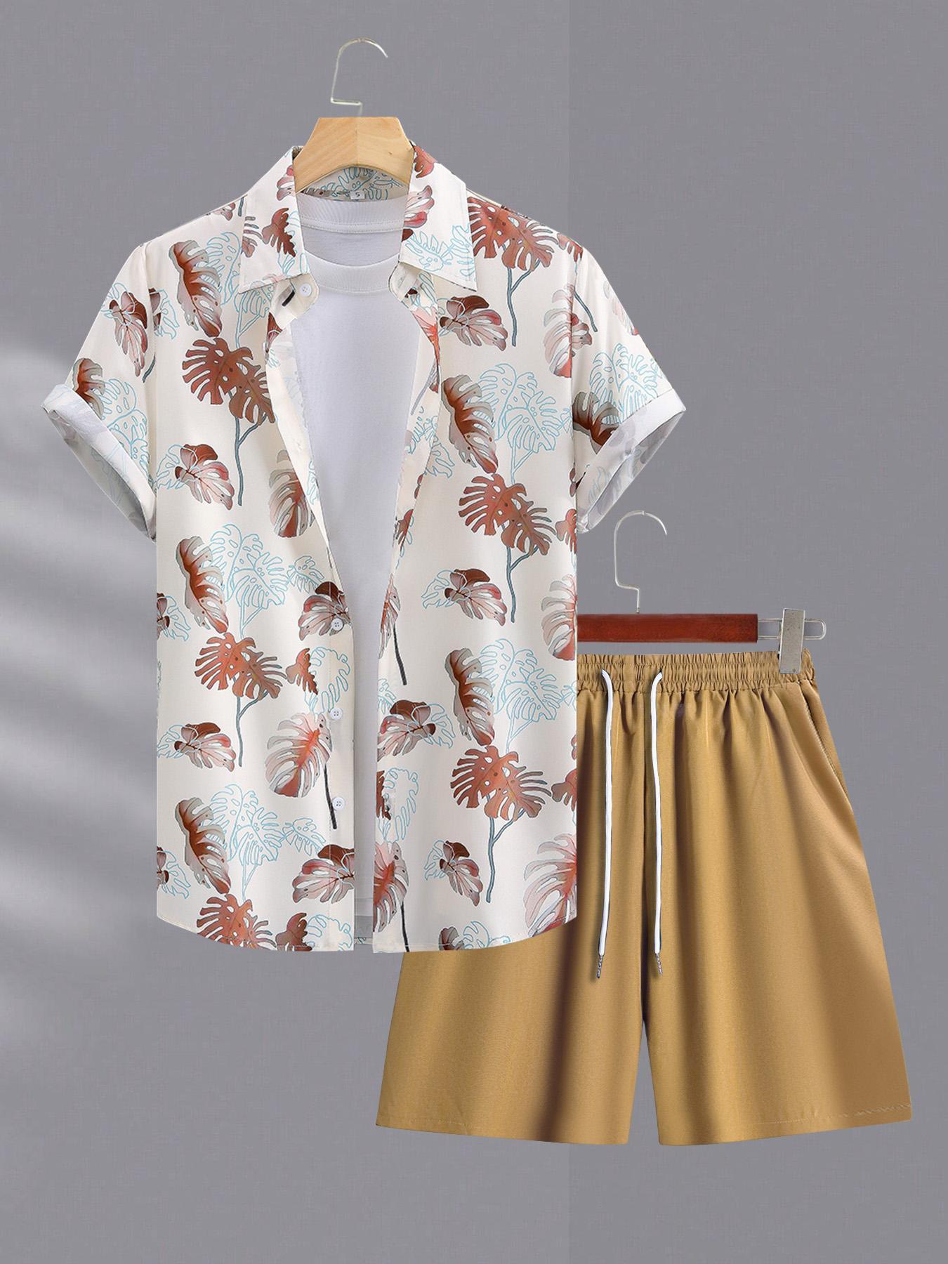 Men's Tropical Coconut Tree Print Shirt & Shorts Set, Regular Fit Casual Short Sleeve Button Up Top & Drawstring Waist Shorts, Men's Summer Outfits