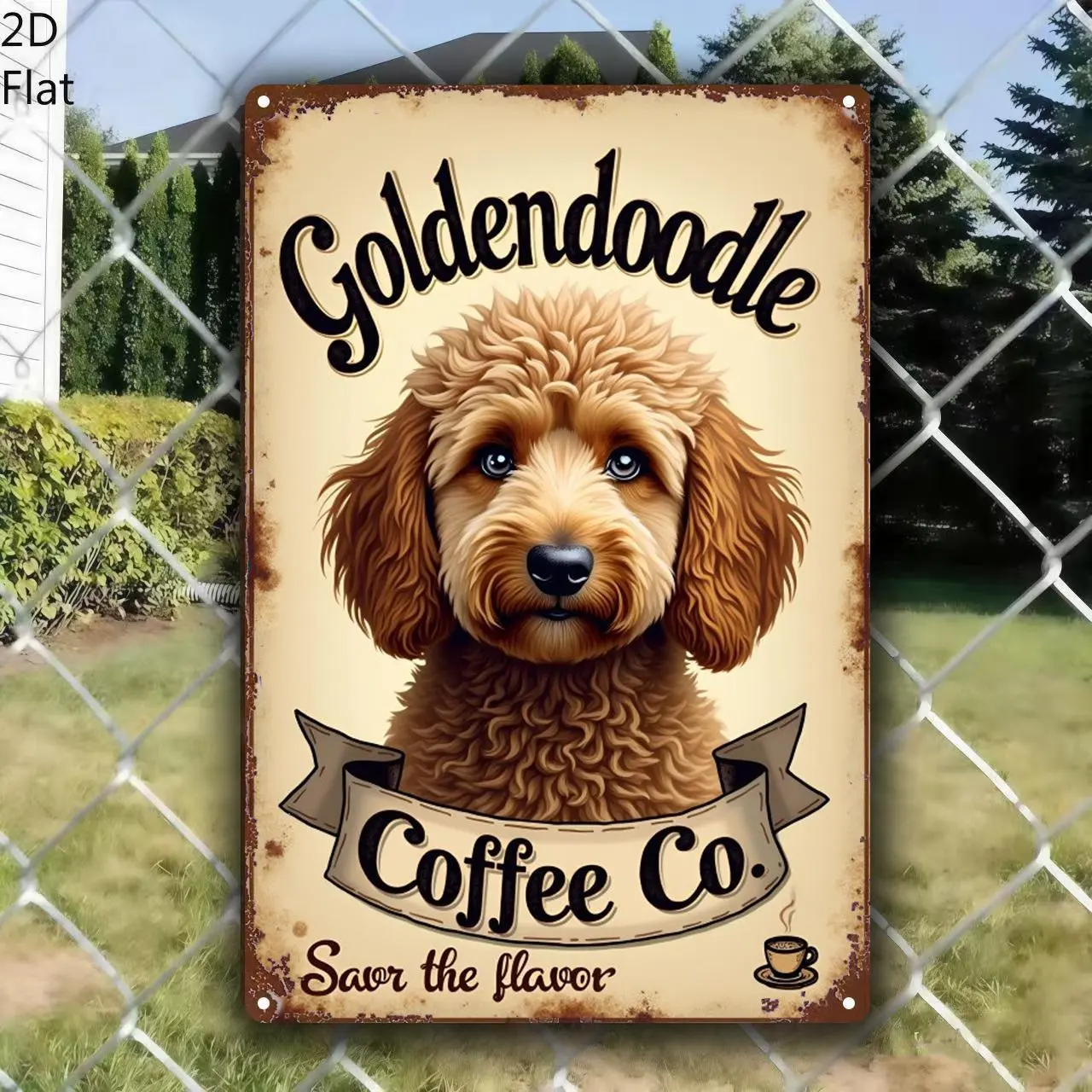 2D Flat, One Piece Goldendoodle Coffee Co. Vintage Café Sign Featuring ...