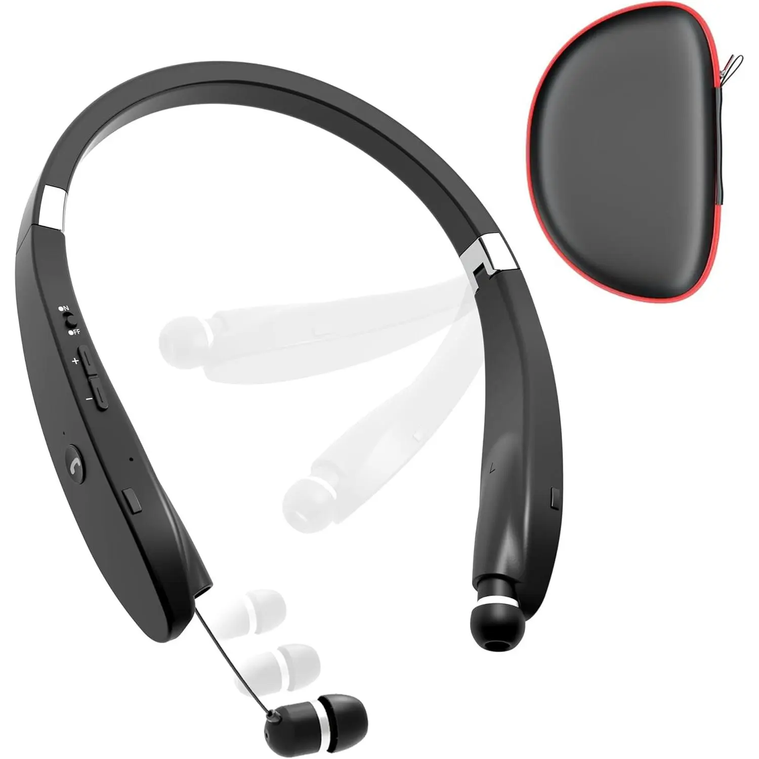 Bluetooth Neckband Headphones, Foldable Wireless Lightweight Neck Headset with Retractable Earbuds, Noise Cancelling Sweatproof Stereo Earphones with Mic & Carrying Case (Black)Gift