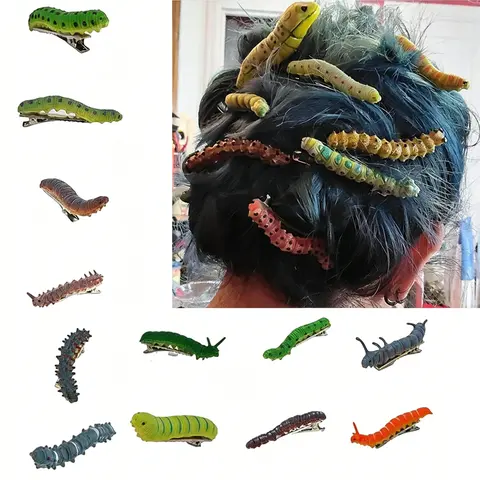 12pcs Hand-Drawn Caterpillar Hair Clip Set, Animal Design Party Accessories, Fun 3D Bug Duckbill Hair Clips, All-Season Hair Accessories, Decorative Hair Clips
