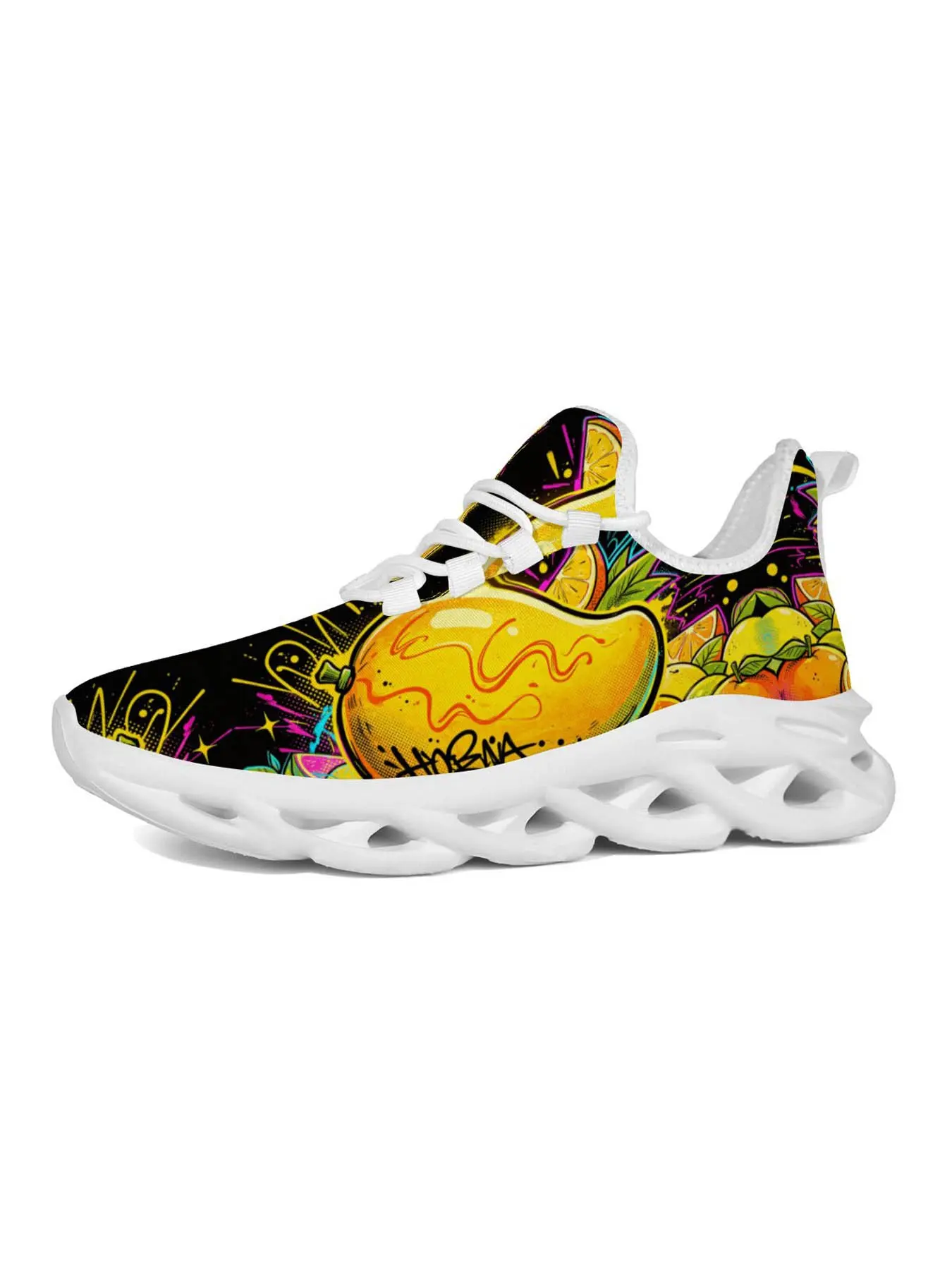 Graffiti Style Lemon Print Women's Sneakers, Streetwear Hip Hop Pop Art, Lemon Dark Contrast, Fashionable and Versatile, Summer Skate Park Shoes