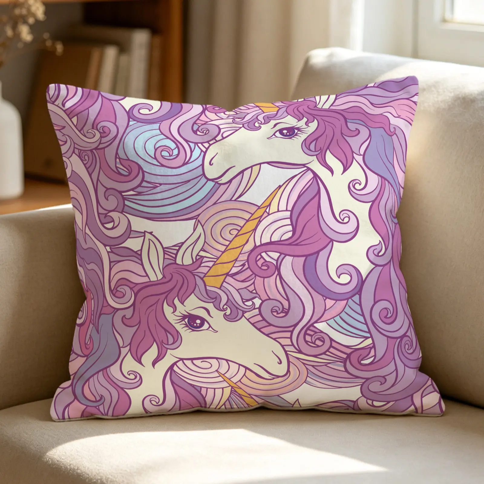 Vibrant Digital Print Unicorn Throw Pillow with Insert, Cute Magical Purple Swirl Double Unicorn & Rainbow Winged Alicorn Accent Cushion, Includes Pillow Core, Soft Decorative Square Pillow for Girls Bedroom Sofa Couch Home Decor Holiday Gift