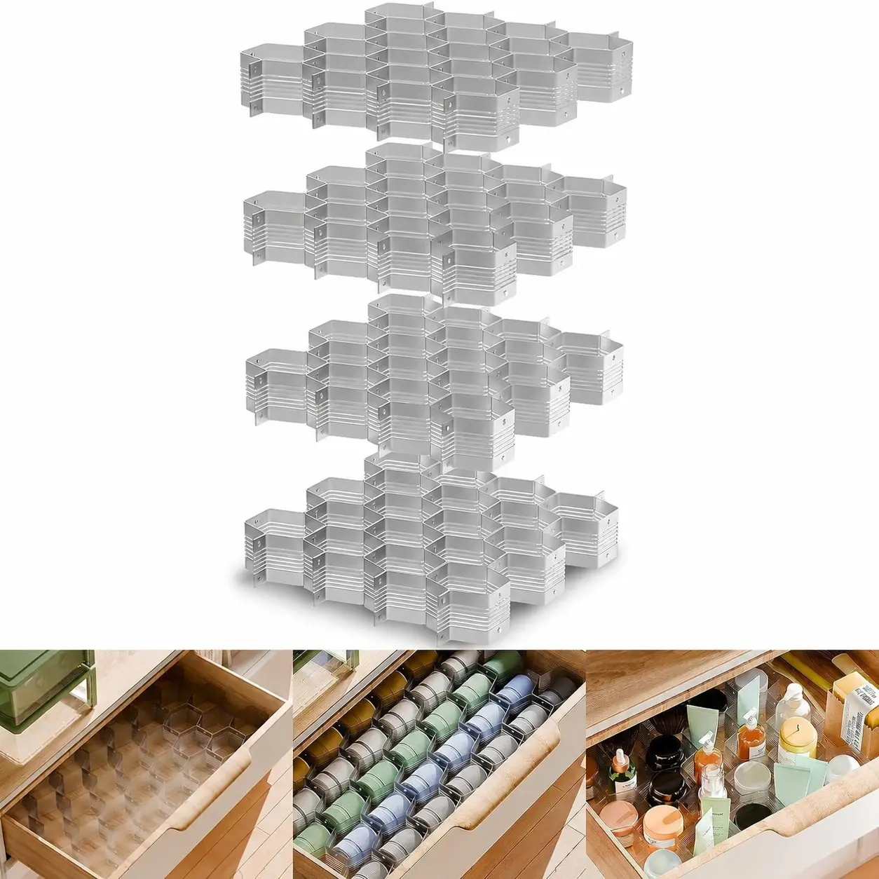 4PCS Honeycomb-Style Drawer Organizers, Adjustable Dividers, Ideal for Underwear, Socks, Bras, Ties, Belts, and Scarves, Gray