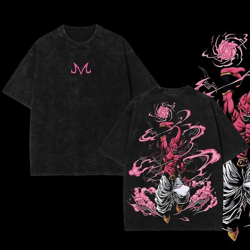 Majin Buu Retro Heavy Double-Printed Washed T-Shirt – Dragon Ball Vintage Oversized Heavyweight Cotton Anime Tee, Unisex Manga Streetwear Top for Men Women, Casual Daily Wear, Party, Festival, Dragon Ball Fan Gift