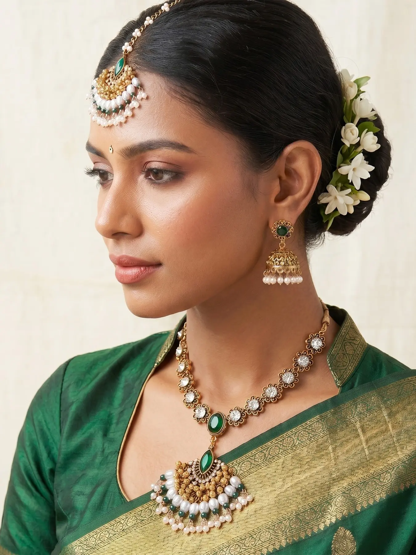 4Pcs Antique Gold tone Indian Bollywood Jewelry Set for Women, Emerald Green Crystal Pearl Necklace Jhumka Earrings Maang Tikka Head Chain, Retro Boho Tribal Wedding Festival Accessories