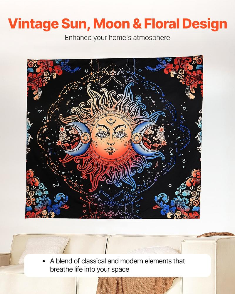 VEVOR Sun and Moon Tapestry, Psychedelic Mystic Floral Aesthetic Wall Tapestry, Vintage Wall Blanket for Home Decoration, Suitable for Bedroom, Living Room, Dorm (50.39 x 57.87 inches)