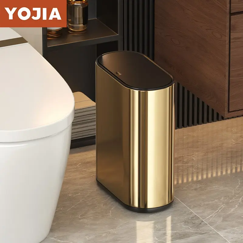 1 ultra-thin gold bathroom garbage bin, Waste bin 1.85 gallon/7L, suitable for crevice spaces, oval double-layer, waterproof small with lid, stainless steel, suitable for bedrooms, offices, living rooms, RVs