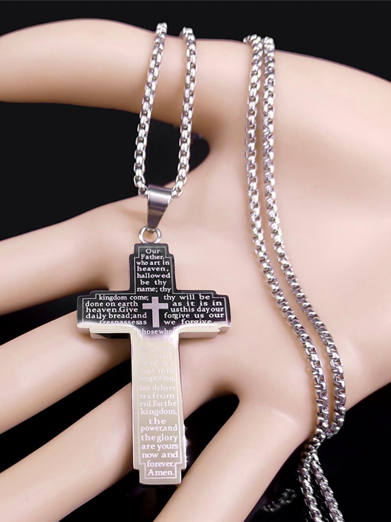 Christian Bible Cross Chain Necklace, Stainless Steel Pendant Necklace for Men, Religious Prayer to Jesus Cuban Cross Necklace