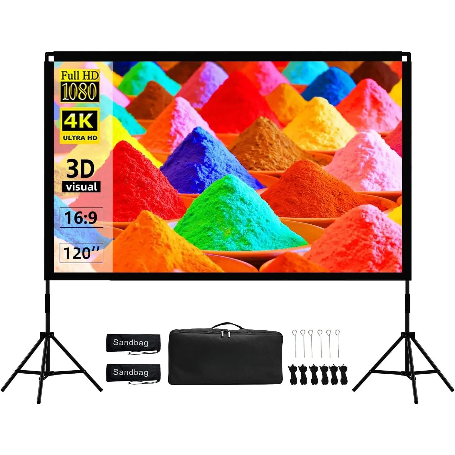 100 Inch Outdoor Projector Screen with Stand, Reinforced  | Compact reinforced- screen fits smaller rooms and patios; 19mm tripod and carry bag travel easily.