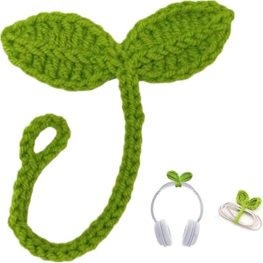 Green  Crochet Leaf Sprout Headphone Accessory, Multi-Functional Cute  Tie Crocheted Knitting  Bookmark
