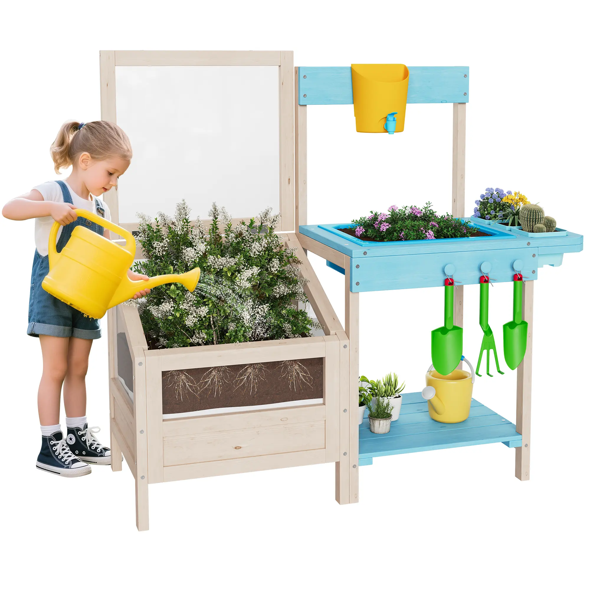 Outdoor Garden Potting Bench Table All-Weather Garden Table Work Station with Transparent Planter Box Raised Garden Bed 3 Side Plant Pots and Storage Shelf for Lawn Garden