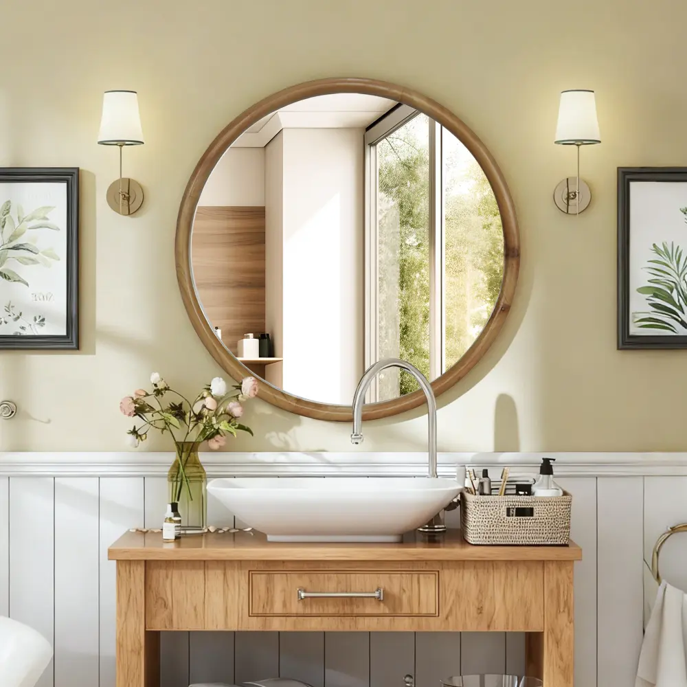 Littleox Round Wood Framed Wall Mirror, 23.62" Natural Wooden Circle Mirror for Bathroom, Bedroom, Entryway, Mid-Century Modern Decorative Mirror