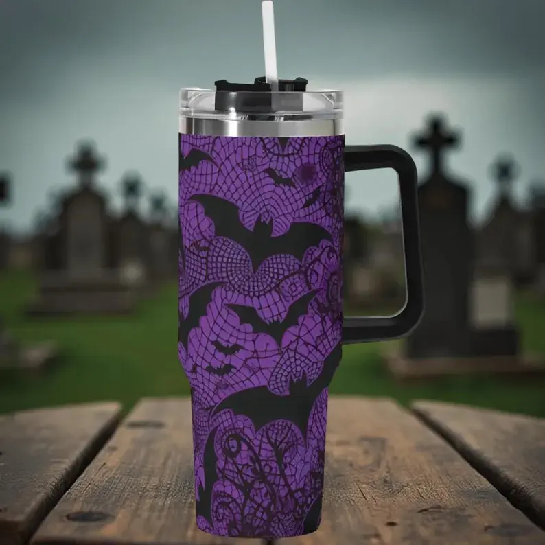 40oz Purple Bat Halloween Tumbler With Handle and Straw, Gothic Spiderweb Design, Spooky Season Cup for Women