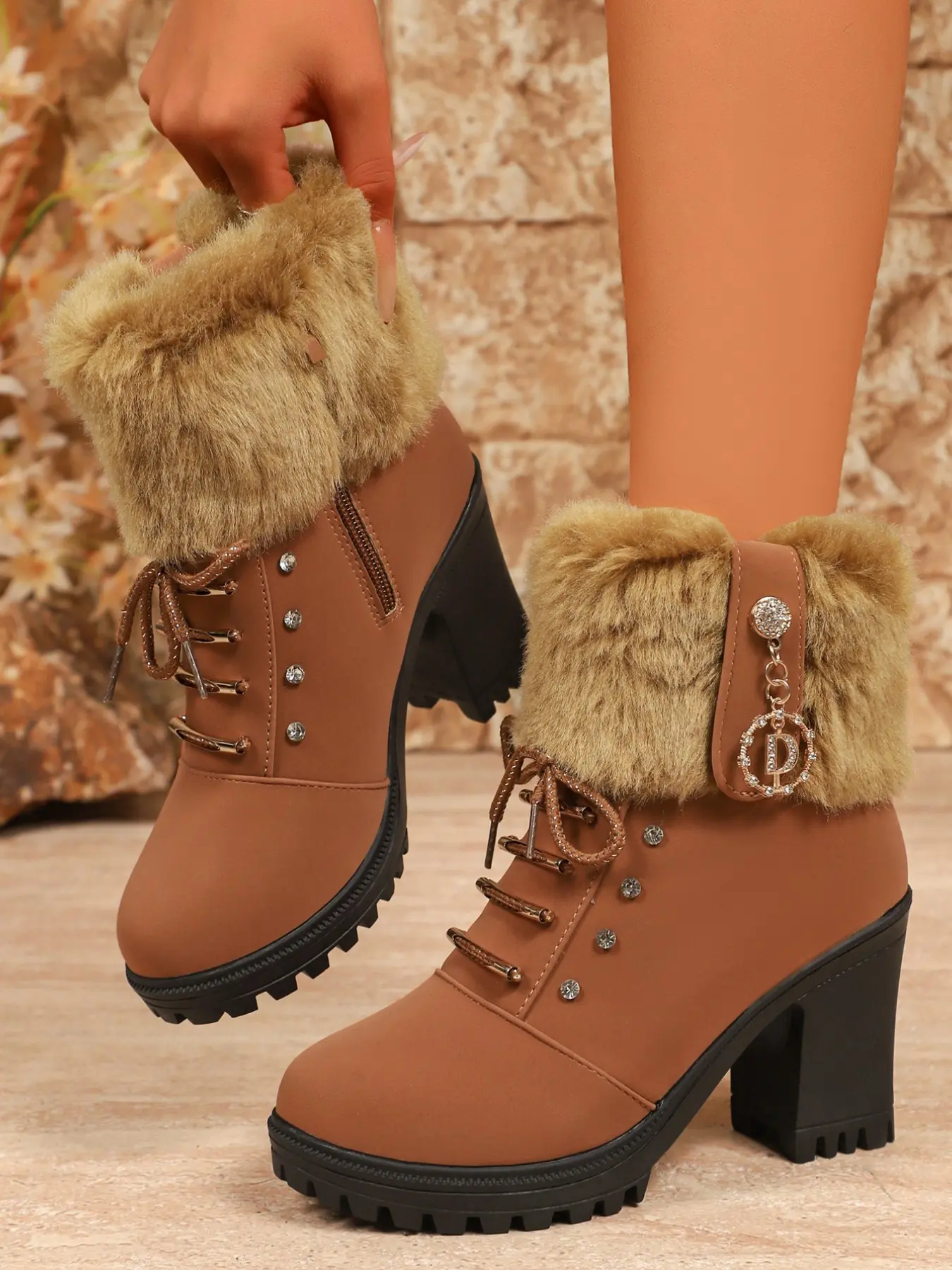 New Elegant Warm Fuzzy High Heel Boots, Rhinestone Charms, Suede PU Leather, Non-Slip Thick Sole, Winter Commuter Women's Shoes