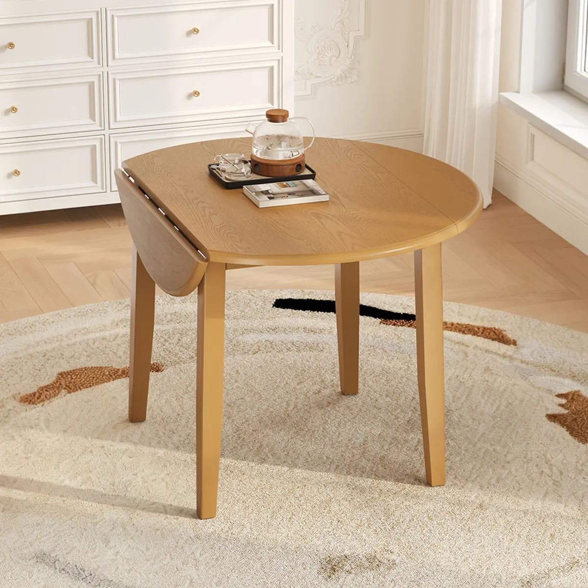 46.36 x 28.50 x 30.04 In Extendable Round MDF Dining Table with Rubber Wood Legs, 250 lbs High Load Foldable Space-Saving Table for Couples, 2 to 4 People, Small Apartment Kitchen Compact Dining Room, Space Saving Furniture, Adjustable Folding Dining Tabl