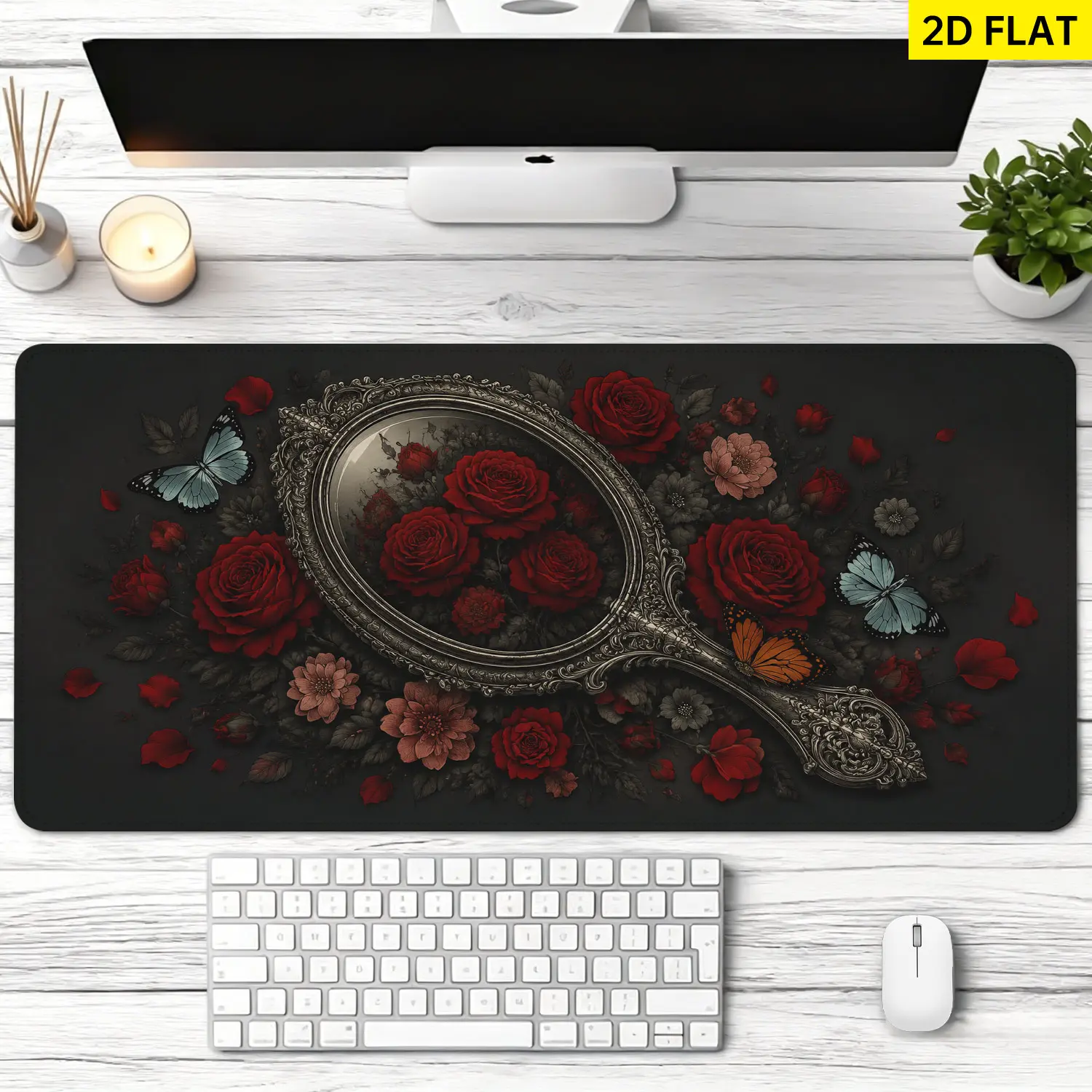 Extra Large vintage mirror and red roses with butterflies Mouse Pad,Non Slip Rubber Pad,Desktop Decoration Drotection Pad,Washable,Lock Edge Multi Size,Premium Multipurpose Mousepad For Home,Office,Gift for Family and Friends