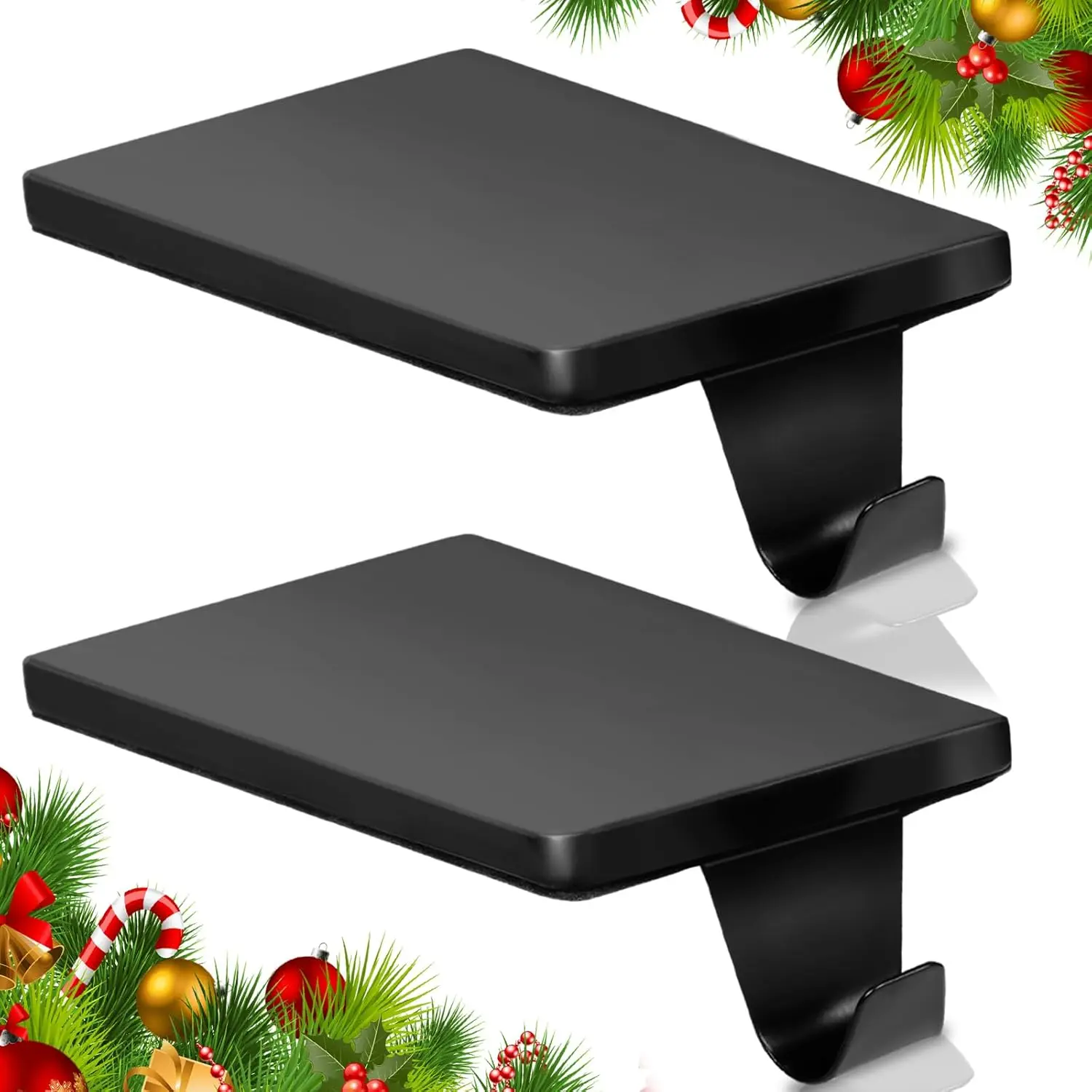 Set of 2 Christmas Stocking Holders for Mantle, Black Heavy Duty Iron Stocking Hanger Base, Low Profile Weighted Hooks for Fireplace Tabletop Shelf Christmas Decoration