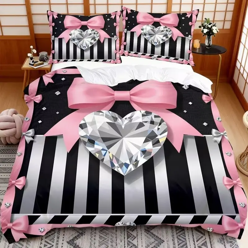 Striped Bow Print Bedspread Set, 1 Bedspread + 2 Pillowcases, High-Definition Printing, Home & Dorm Bedroom Linen