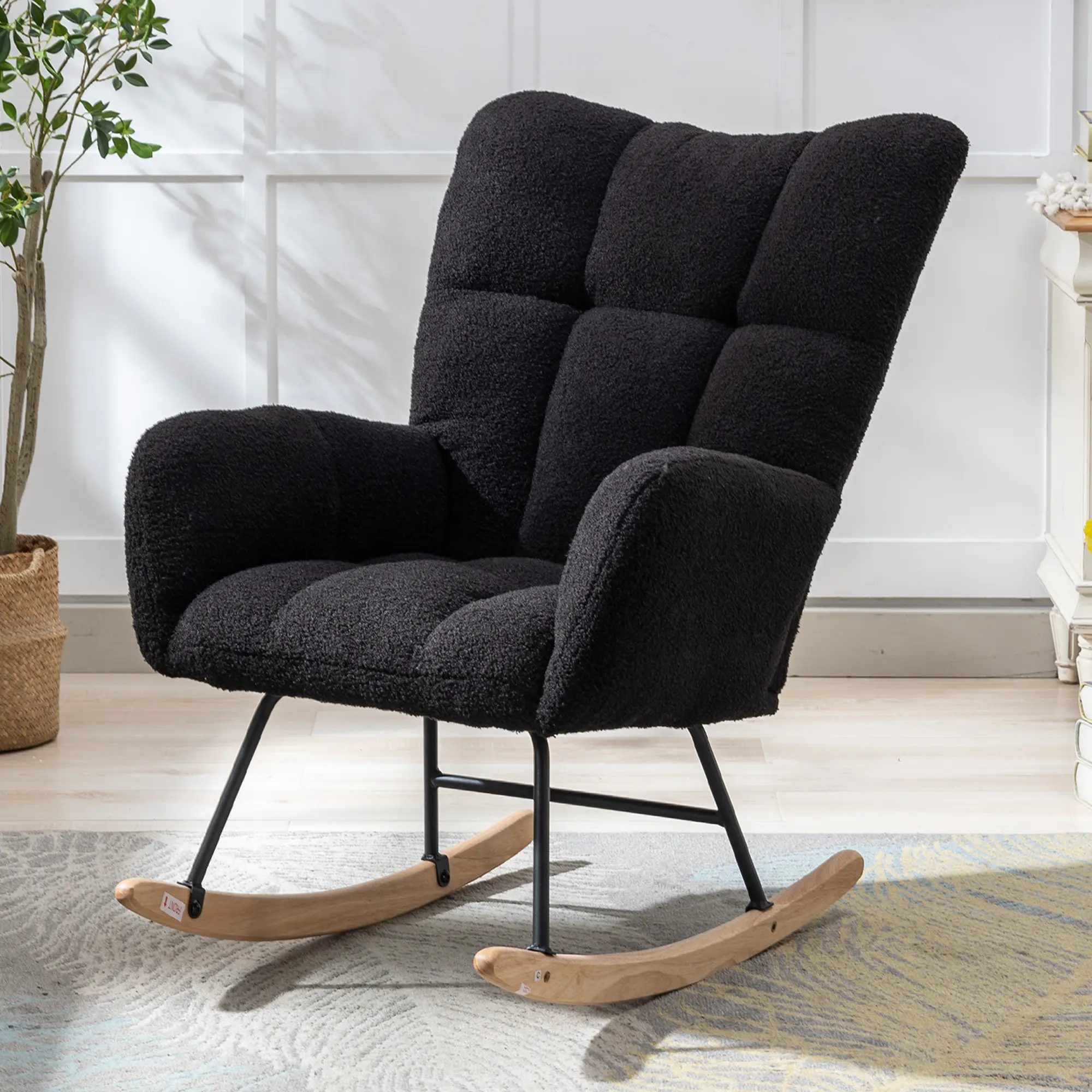ARCH Dark Blue Teddy Fabric Wingback Glider Rocker Chair with Side Storage Pocket, Ergonomic Nursing Rocking Chair, Solid Wood Base, Soft Plush Foam, for Nursery, Living Room, Bedroom, Reading Lounge, Dark Blue Color Options, Teddy Material