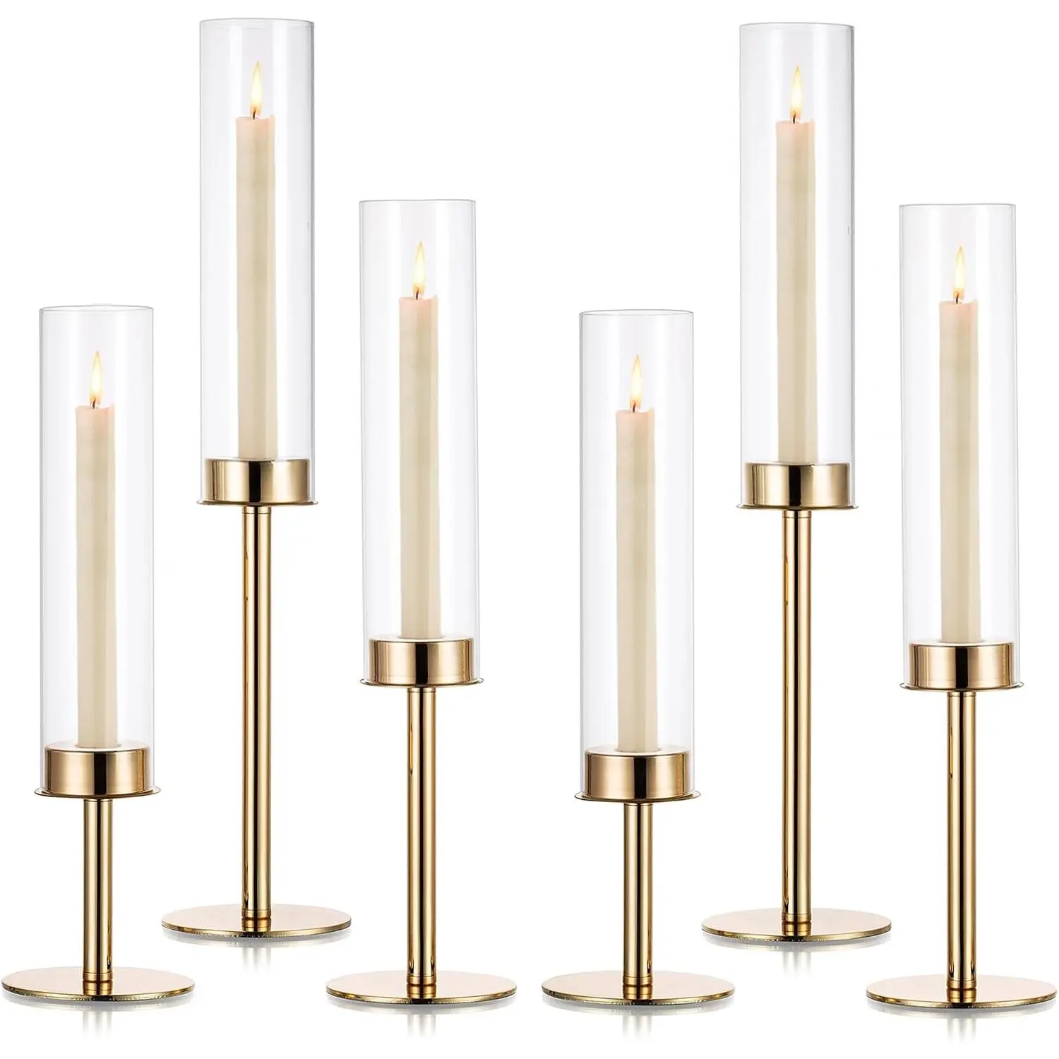 Gold Hurricane Candlestick Holder Taper Candle Holders for Wedding Glass Table Centerpiece for Dining Tables Set of 6 Tall Christmas Decoration Candle Stand