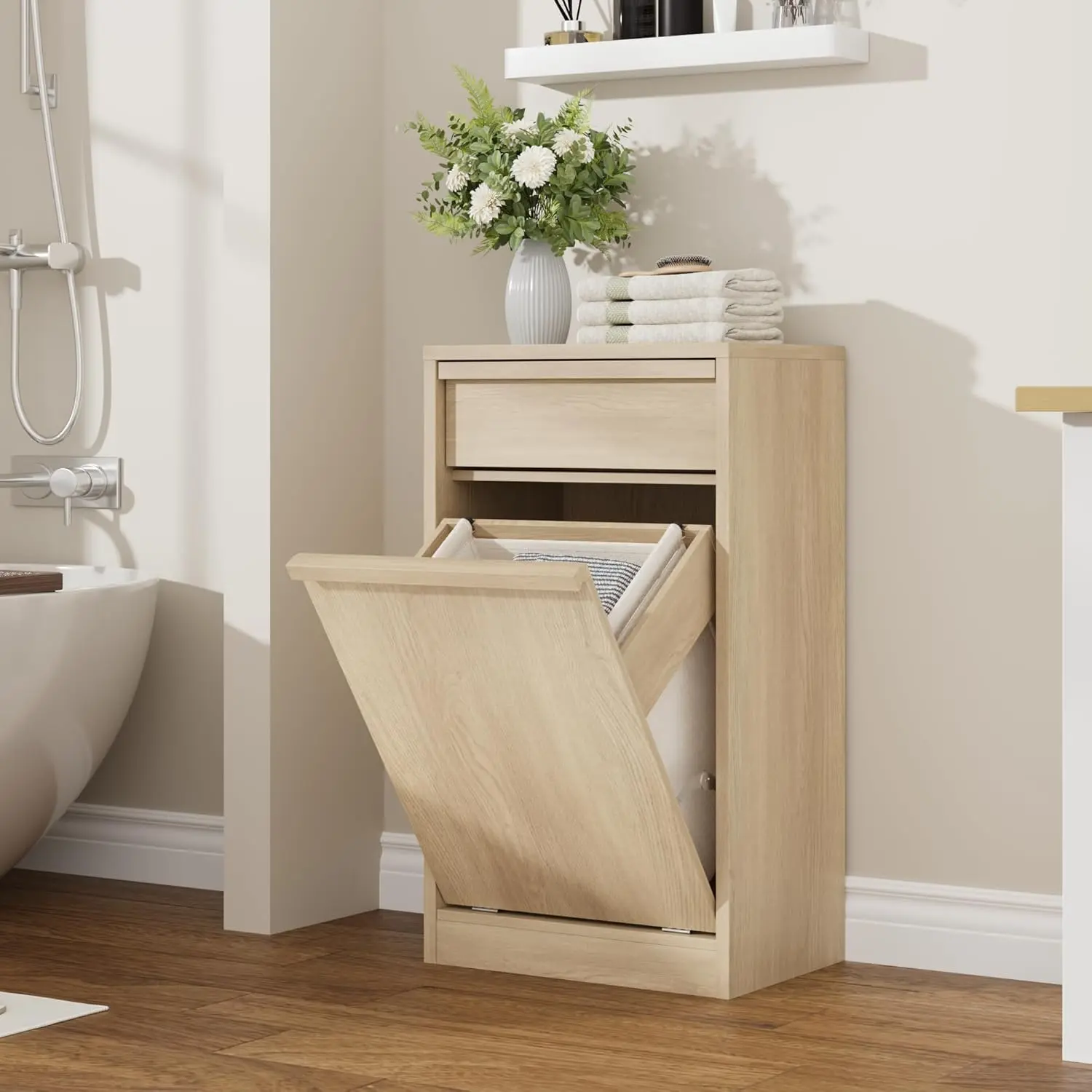 Single/Double Cabinet,Farmhouse Trash Can Cabinet with Detachable Baskets&Drawers,Wood Hidden Trash Can Cabinet for Bathroom, Kitchen,Home  Modern farmhouse or minimalist decor.