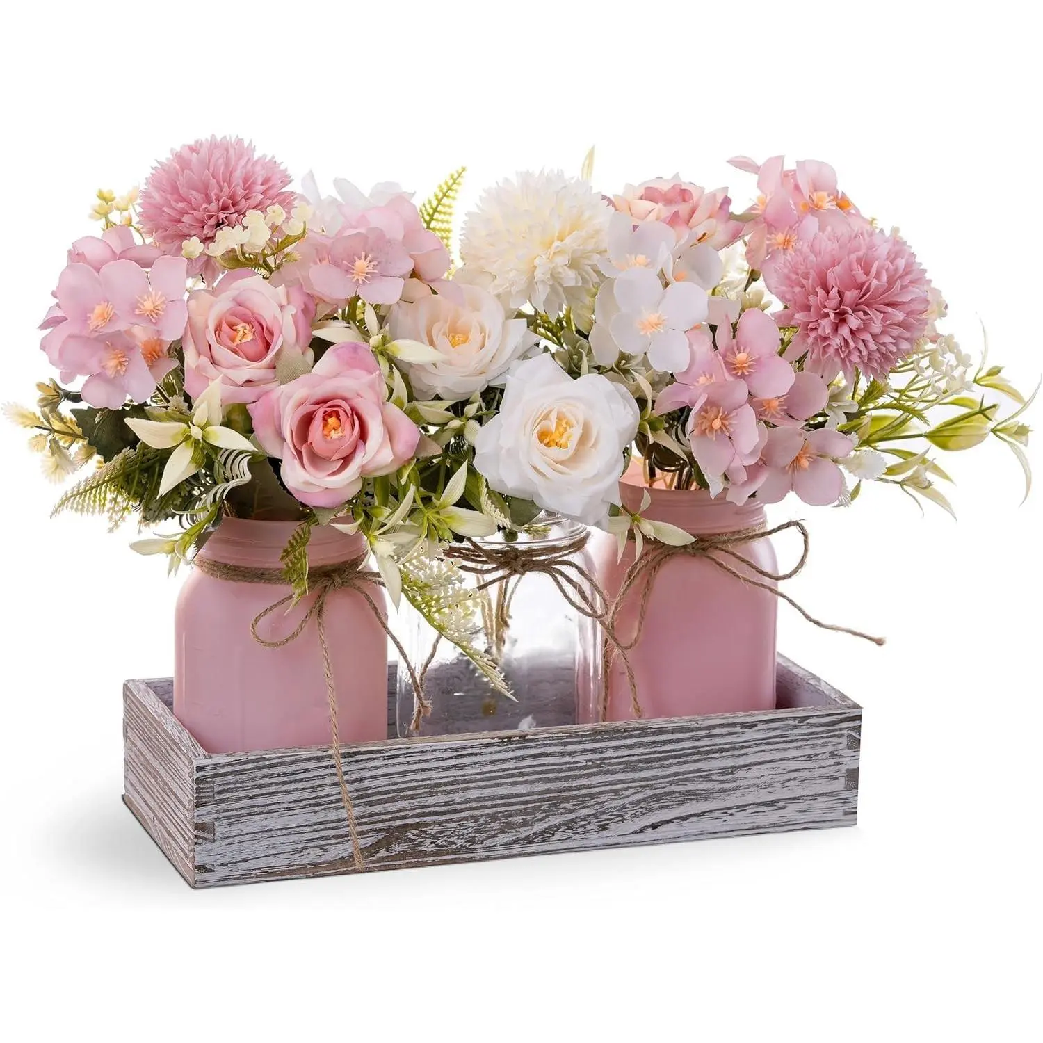 Mason Jar Lights Centerpiece with Farmhouse Wood Tray – 3 Jars with Pink Rose Spring Flowers, Rustic Spring & Summer Wedding Decoration for Dining Table, Coffee Table, Kitchen & Living Room