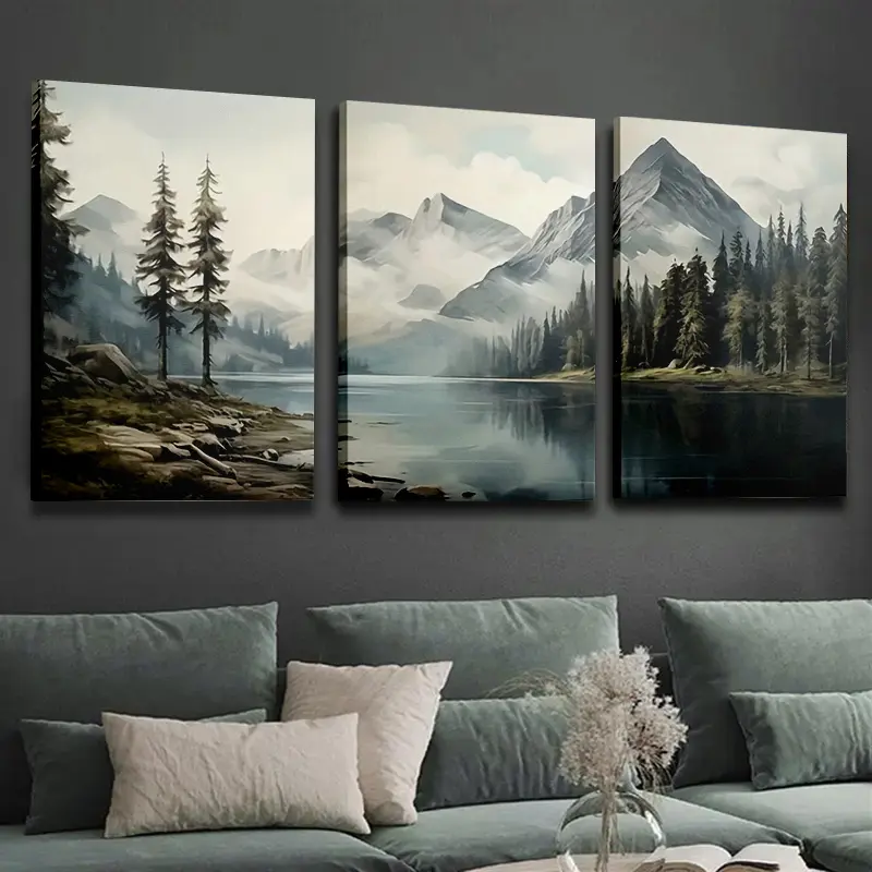 Vintage Geometric Abstract Landscape Canvas Posters Set (3-Piece), Waterproof Frameless Home Decor, Suitable for Living Room, Bedroom, Sofa Area - Indoor Soft-Tone Wall Art Prints