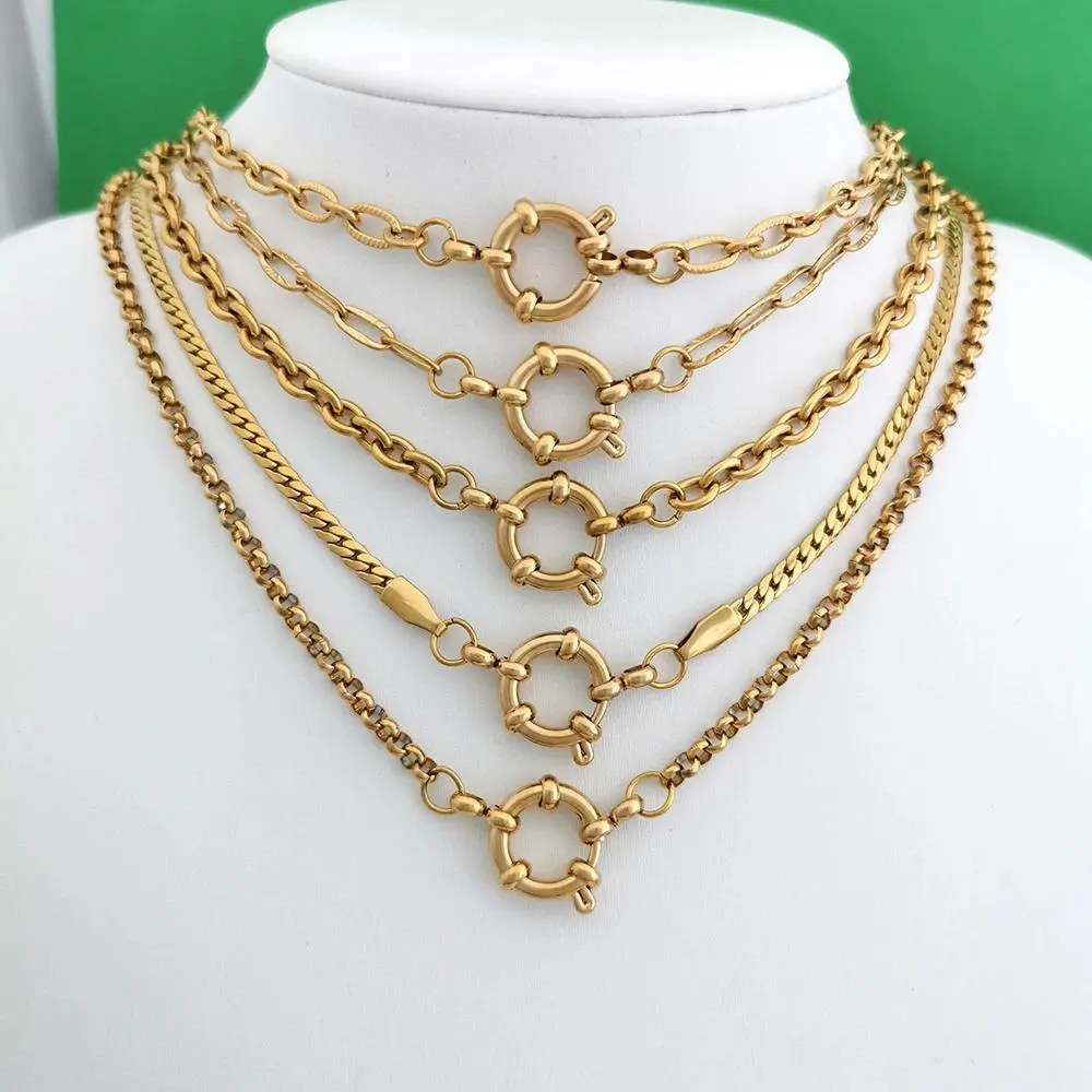 Unisex Elegant Sailor Clasp Choker Necklace - PVD Gold Color, Geometric Mixed Link, Waterproof Stainless Steel, Crystal, Letter, Metal Coating, Never Fade (2-3 Years Color Retention) for Daily Wear