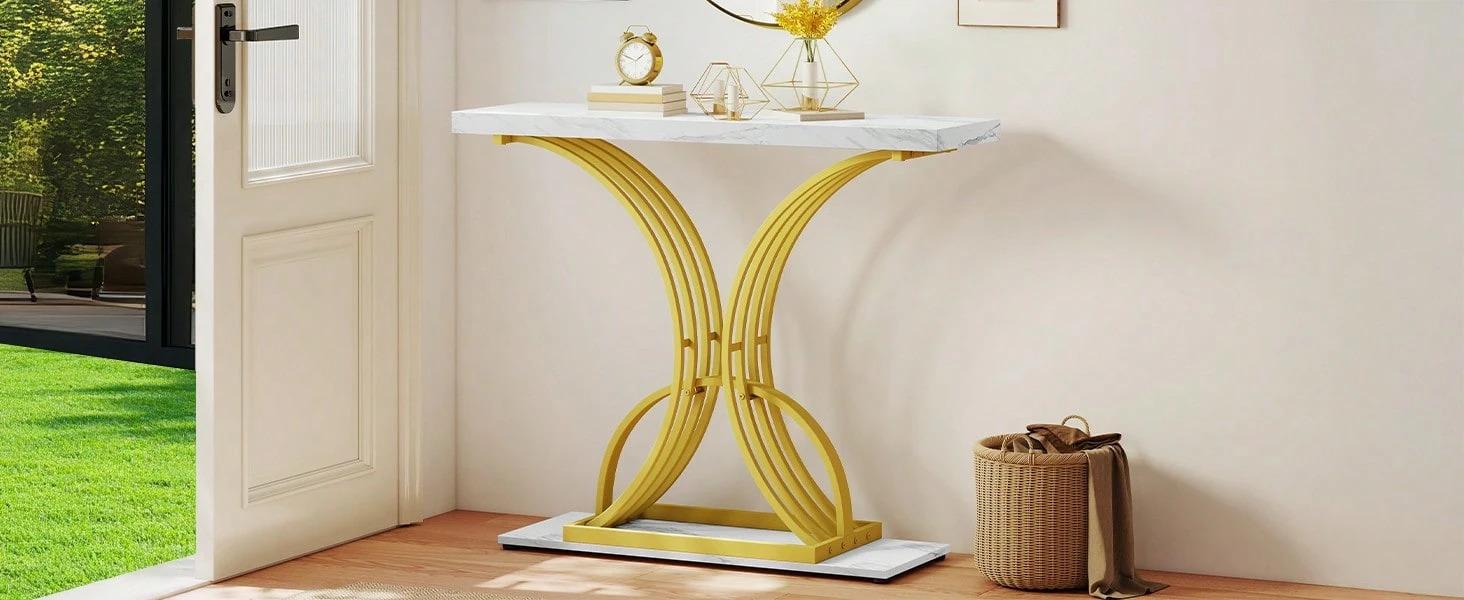 Modern  & Entryway Table - White And Gold, Rectangular With Faux Marble Top & Metal Frame, Thickened MDF Top (Water/Scratch-Resistant, Easy Clean), C-Shaped Sturdy Legs, Anti-Scratch Foot Pads, Adjustable Feet