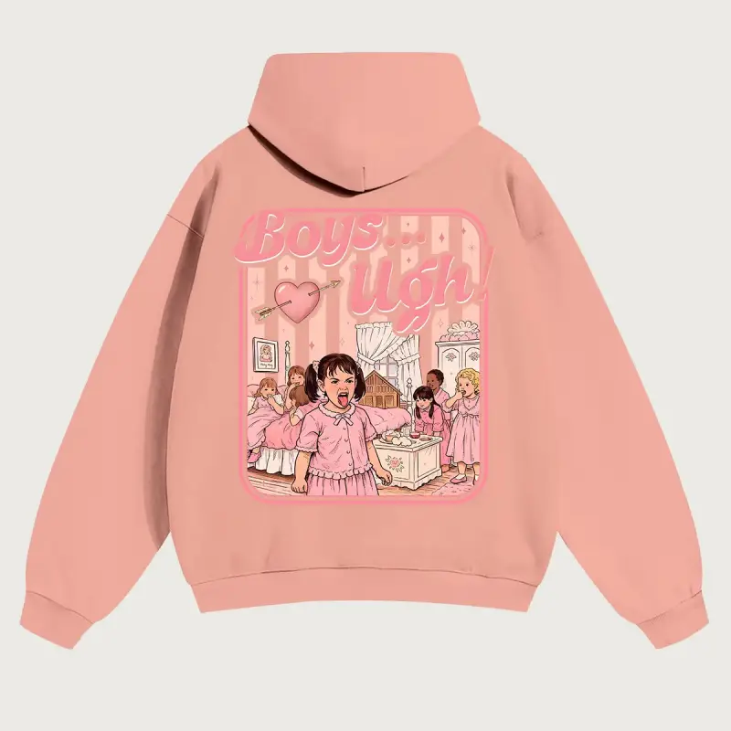 Women's Unisex Vintage 90s "Boys...Ugh!" Movie Quote Graphic Pullover Hoodie - Oversized, Longsleeves, Pre-Shrunken Soft Cotton-Polyester Fabric, Funny Valentines Day T-Shirt-Inspired Casual Streetwear Tops