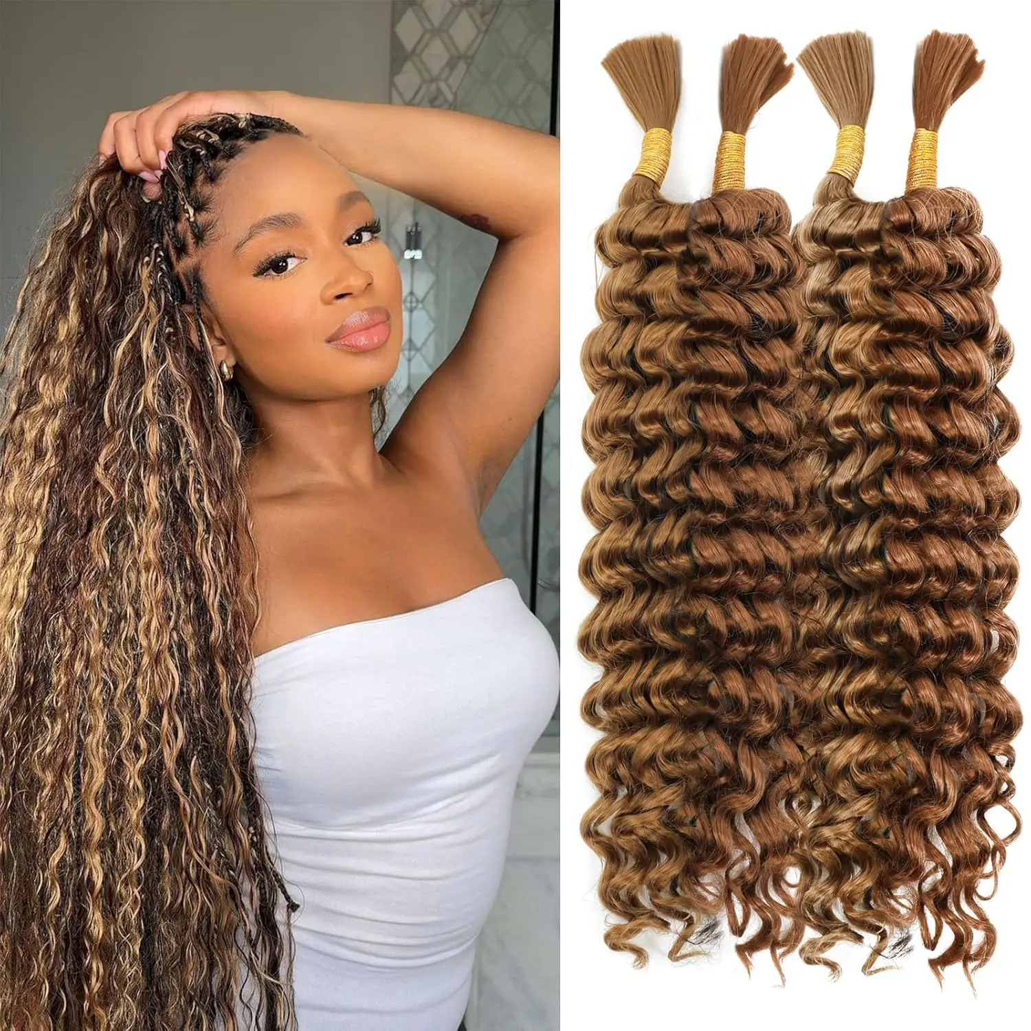Human Braiding Hair Mix Synthetic Boho Hair for Braiding, 16 Inch 200g Boho Braids 4  Wet and Wavy Curly Deep Wave Bulk Bohemian Extensions for Black Women P30/27