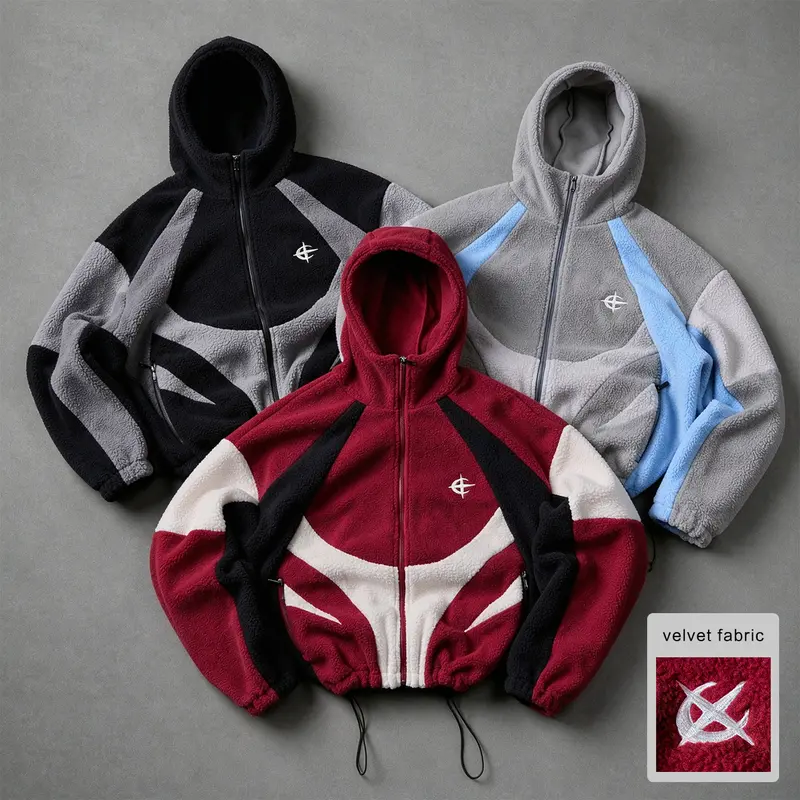 Color-block fleece hooded jacket, unisex, geometric panel design, embroidered logo, full zip front closure, drawstring hem, loose streetwear-style fleece outerwear