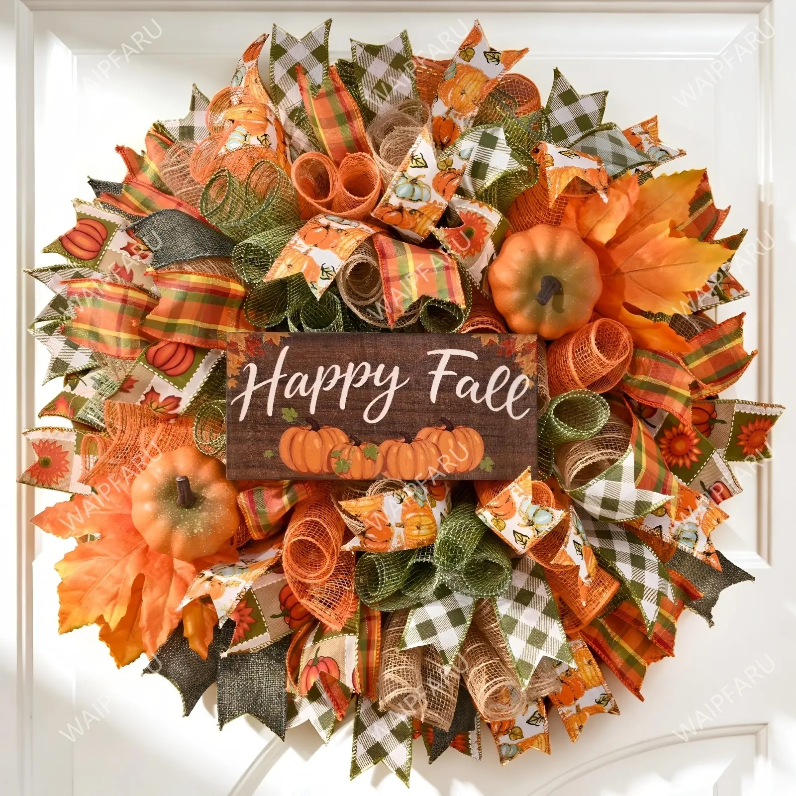 Autumn Front Door Decorative Wreath, Wooden Sign Mesh Wreath with Fishing Net Pumpkin, Thanksgiving Halloween Home Porch Decoration, Vintage Harvest Style