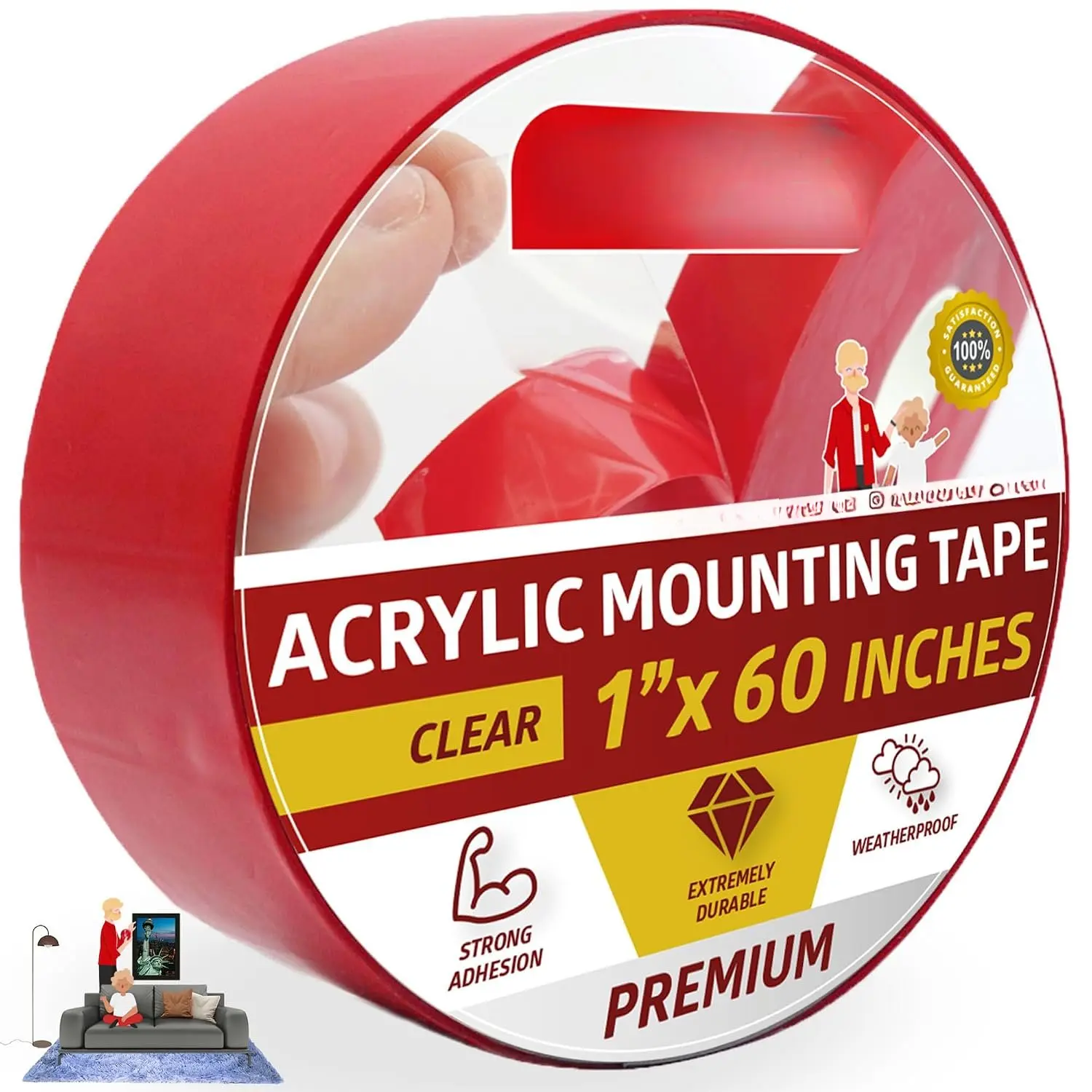 Double Sided Tape  Mounting Tape Removable, 1-Inch x 60-Inch