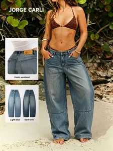 JORGE CARLI Women's Casual Nine-Part Straight Leg Denim Jeans Pants, Elastic Waist, Loose-Fitting, Long/regular Length, Plain Pattern, All Seasons