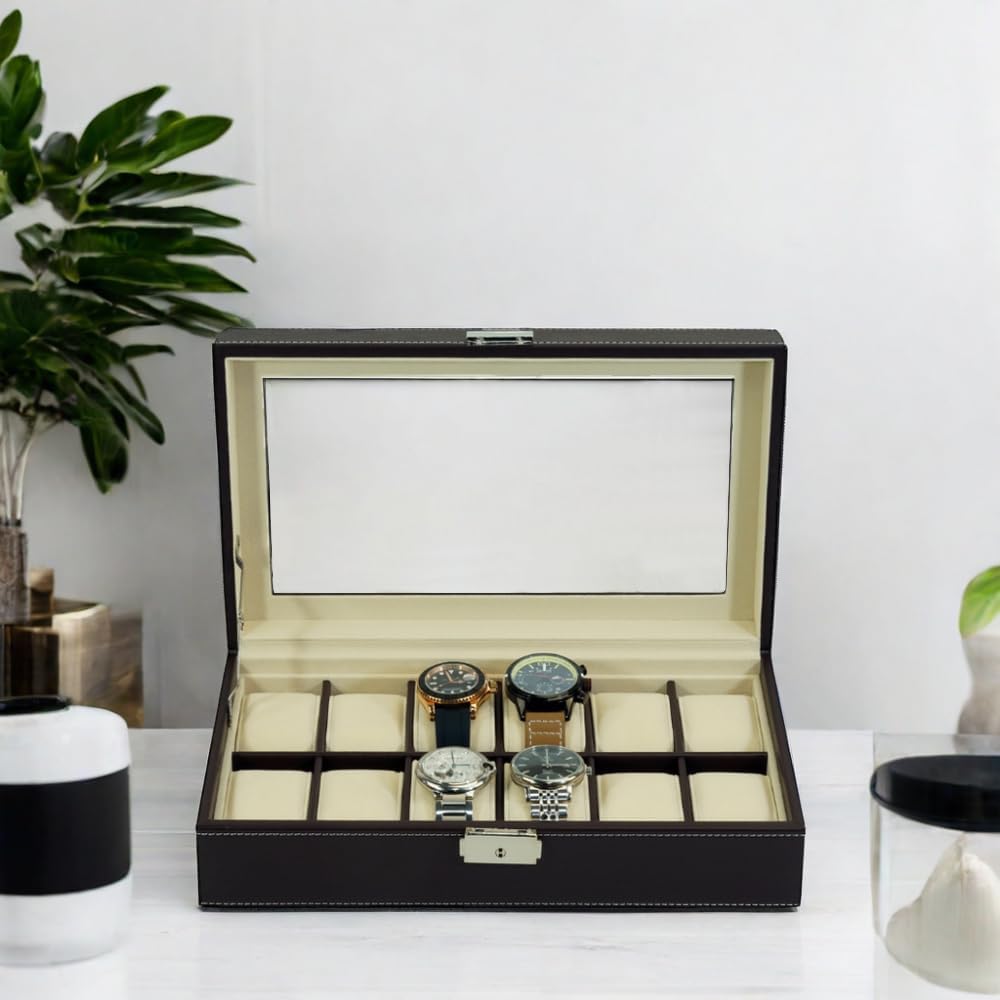 Chocolate Brown Leatherette Men's Watch Box Display Case Collection Jewelry Box Storage Glass Top Father's Day