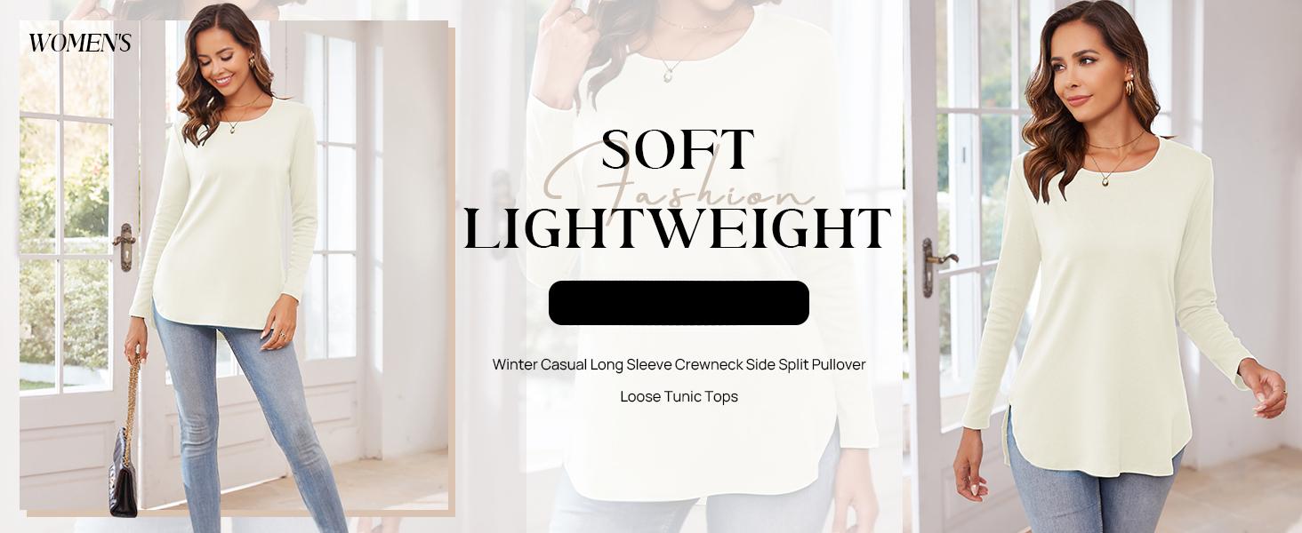 Women's Casual Long Sleeve T Shirt Crewneck with Side Split Fall Pullover Loose Tunic Sweater Tops