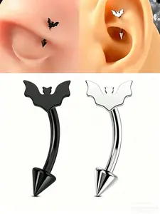 2 Piece Set Stainless Steel Bat Shape Eyebrow Studs, Punk Style Inner Thread Curved Ear Piercings, Soft Cartilage Lip Rings for Women, Body Piercing Jewelry