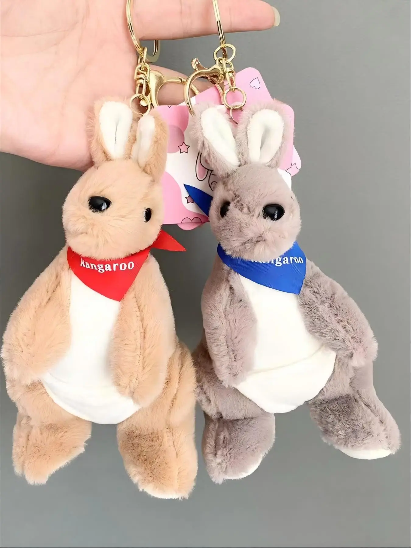 Cute Plush Kangaroo Keychain Bag Charm, Soft Fluffy Animal with Long Ears, Key Ring, Sweet Gift for Kids Girls