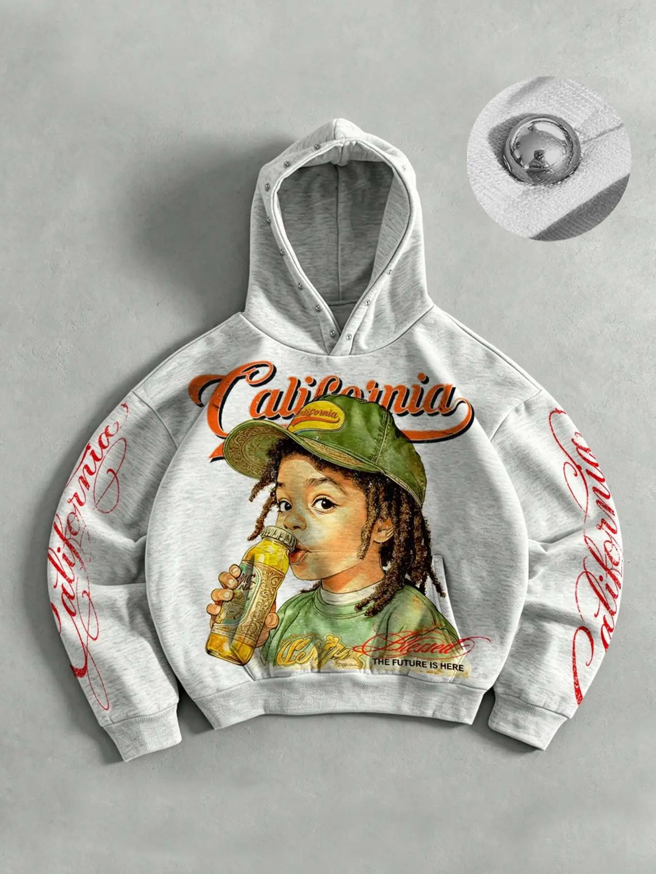 Vintage California Dreadlock Boy Pattern Hoodie, Silver Rivet Decorated Long Sleeve Pullover, Y2K Hip-Hop Urban Street Style Post-Apocalyptic Aesthetic Hooded Sweatshirt Hoodie