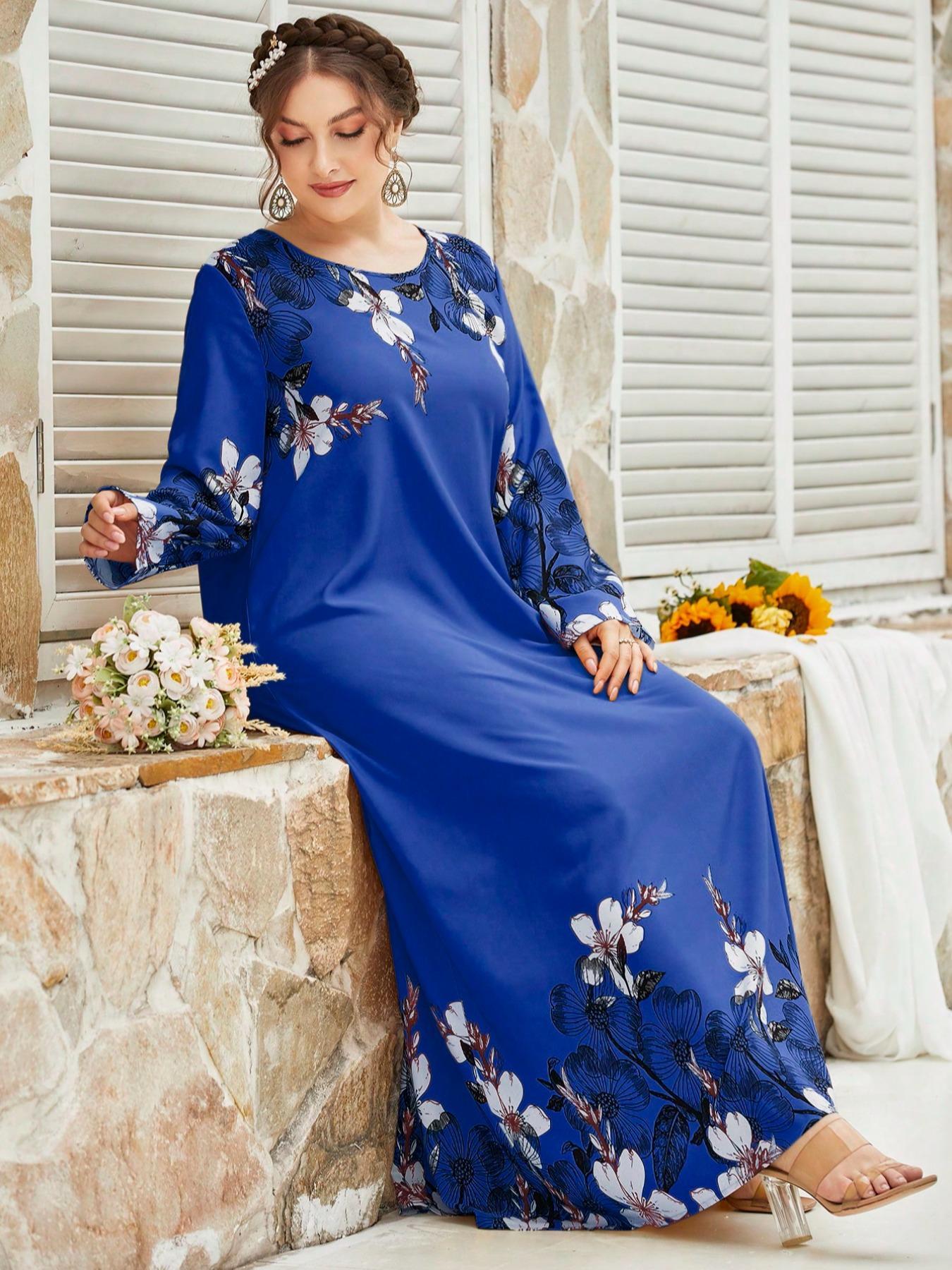 Plus Size Floral Print Long Sleeve Round Neck Tunic Dress, Casual Loose Long Dresses for Women Daily Wear, Ladies Clothes Spring Autumn Fashion