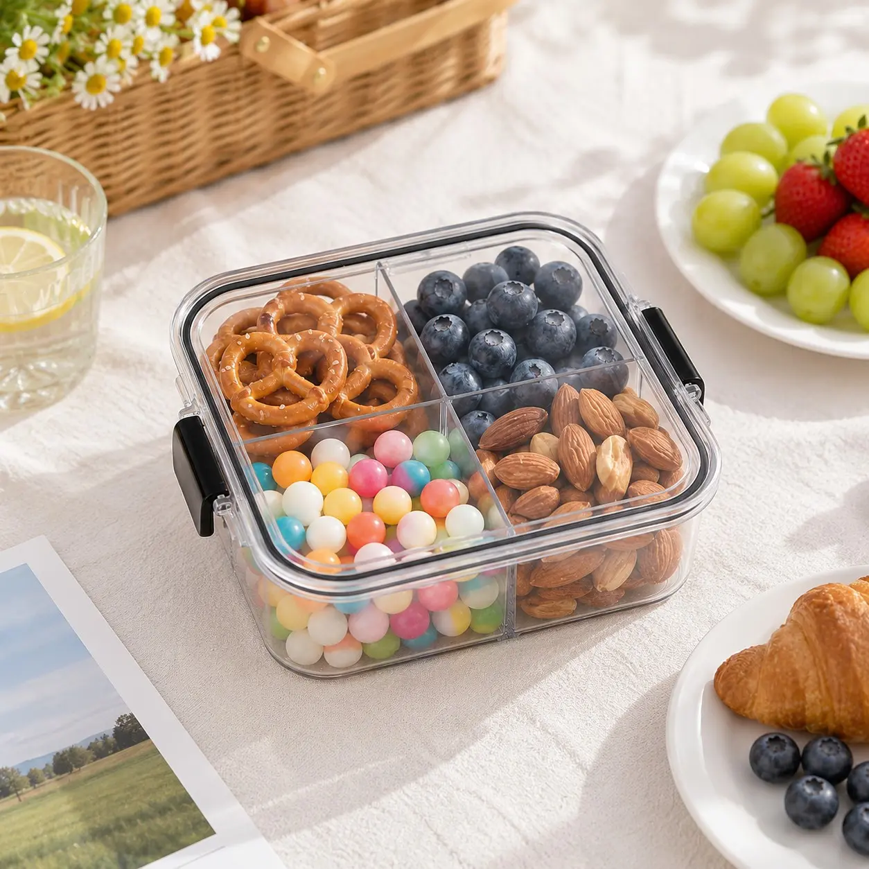 1-Pack 4-Compartment Clear Snack Organizer Box with Locking Lid, 4 x 4 x 2.6 in Fruit, Nut and Candy Storage Container for Home, Office and Travel