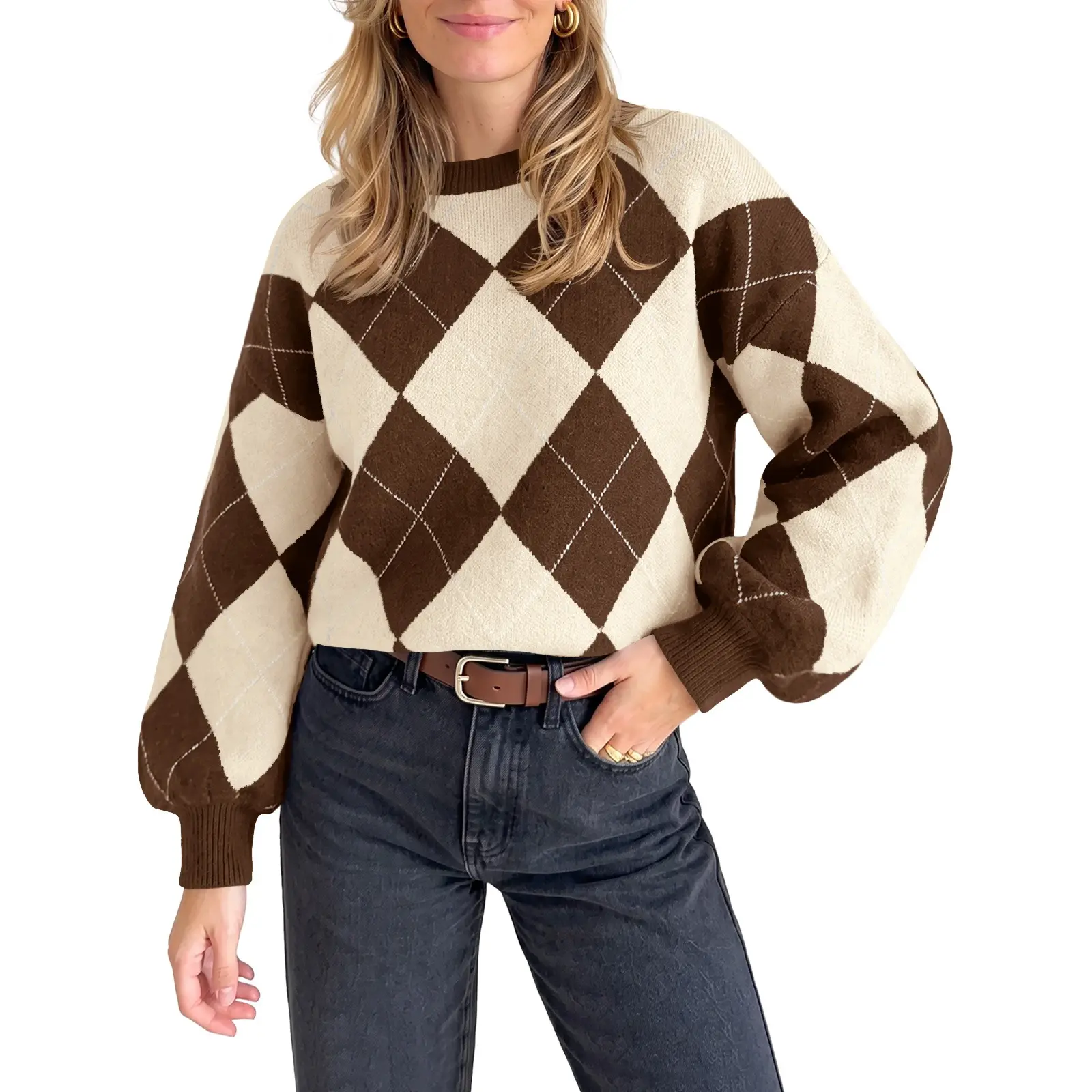 Saodimallsu Womens Checkered Argyle Sweater Color Block Crew Neck Long Sleeve Loose Preppy Knit Pullover Tops