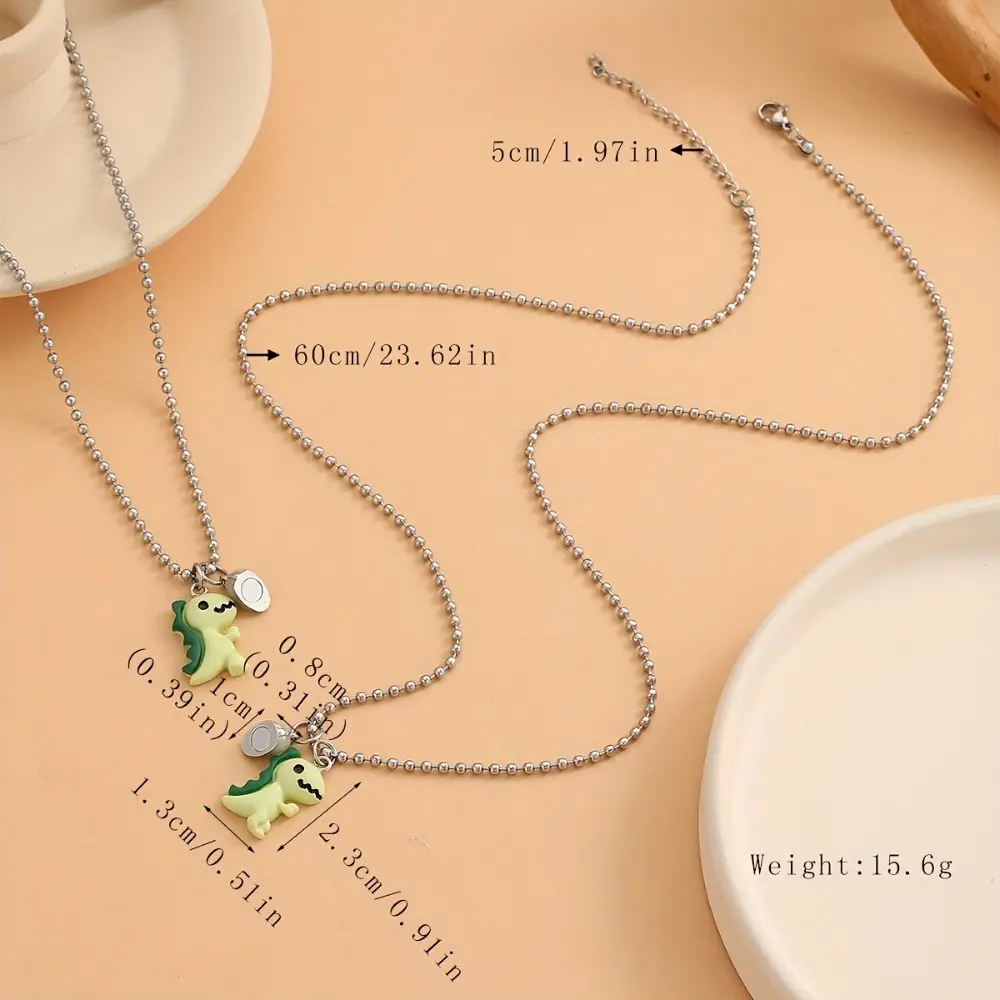 2pcs Green Stainless Steel Couple Necklace Set, Luminous Heart & Dinosaur Pendant Chain Jewelry for Women, Fashionable Ideal Gift, Party Jewelry, Romantic Gift, Classic Design, Elegant Necklace, Highquality Metal, Durable Necklace, Matching Set