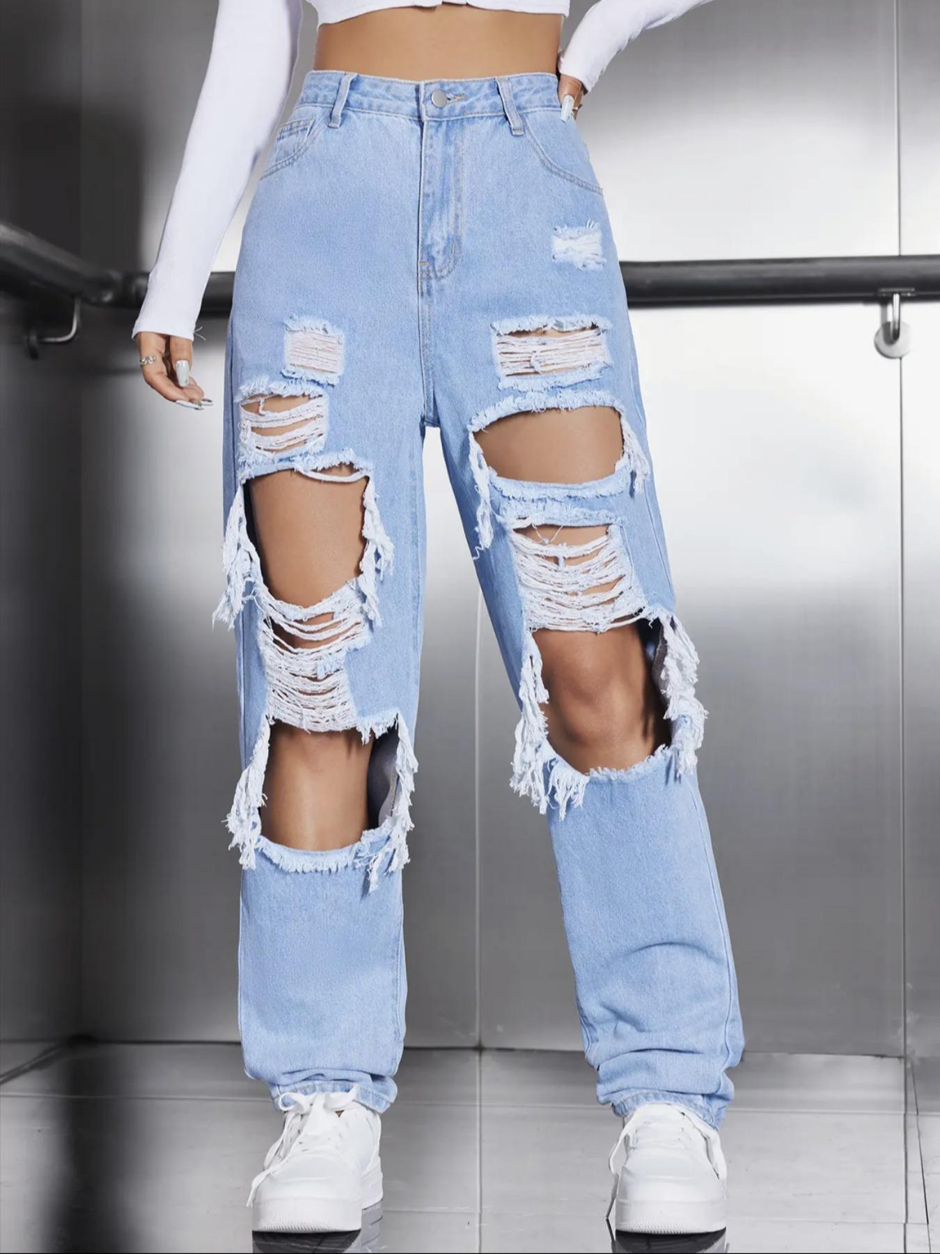 Women's High Waist Ripped Jeans, Fashion Casual Style Distressed Straight Leg Denim Pants, Destroyed Hole Jeans, Lady Bottoms for Daily Wear Streetwear