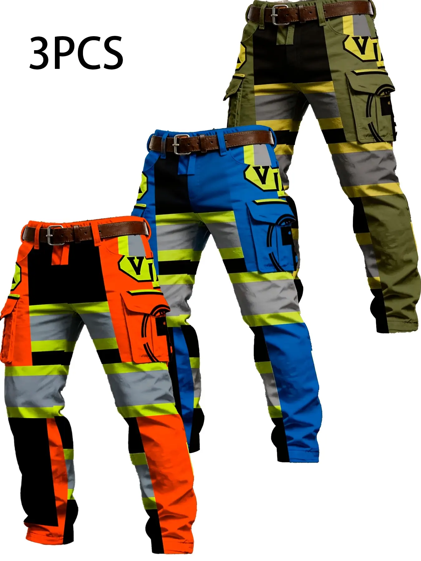Men's 3-Piece Casual Work Pants Set, Blue Army, Side Vi Badge, Multi-Pocket Straight Leg, High Visibility Safety Design, Outdoor Workwear