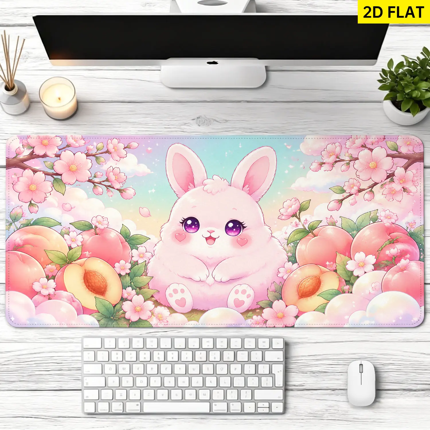 Extra Large cute pink bunny and peach blossom Mouse Pad,Non Slip Rubber Pad,Desktop Decoration Drotection Pad,Washable,Lock Edge Multi Size,Premium Multipurpose Mousepad For Home,Office,Gift for Family and Friends