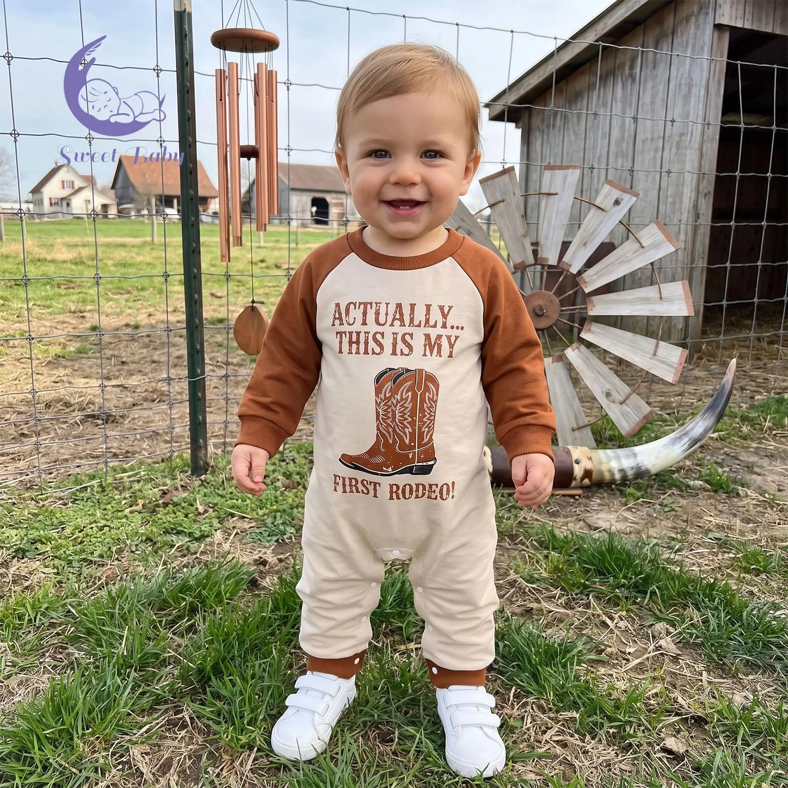 Baby Boy Fall Sweatshirt Romper Western Boots Print Long Sleeve Jumpsuit