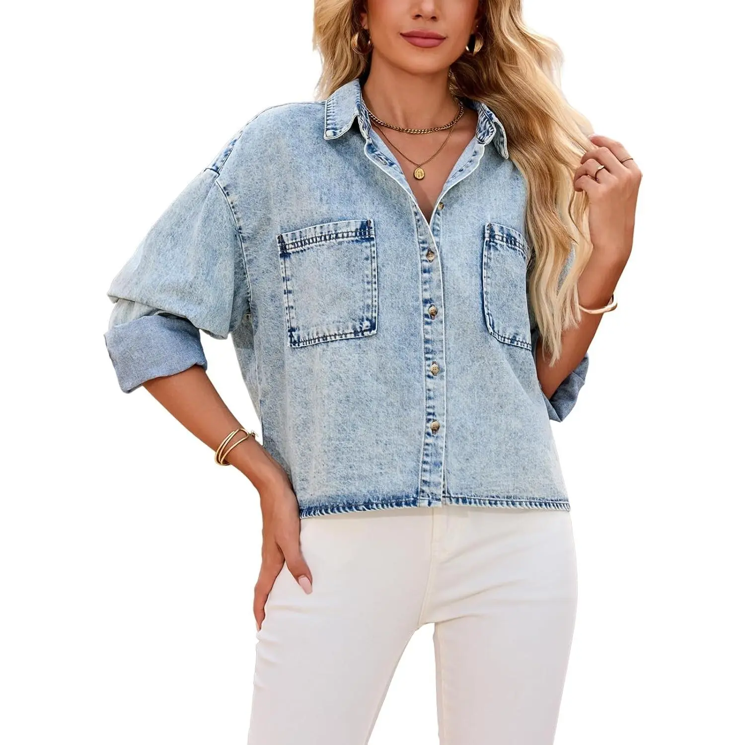 Women's Cropped Long-Sleeve Button-Down Denim Jean Blouse with Pockets - Feminine Basic Casual Wear, Light Comfortable Vintage Comfort Fit Top