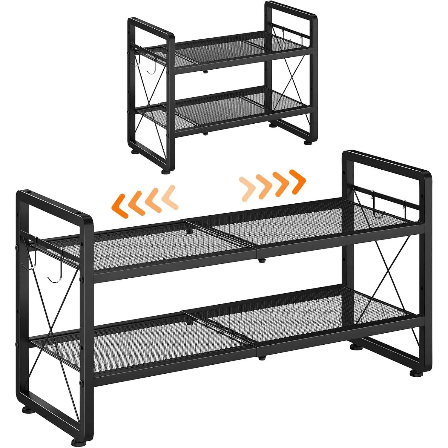 Shoe Rack, 2-Tier Expandable Shoe Organizer for Entryway, Metal Black Shoe Shelf with 4 Hooks, Ajustable Shoe Stand Holder for Closet, Garage, Door Entrance